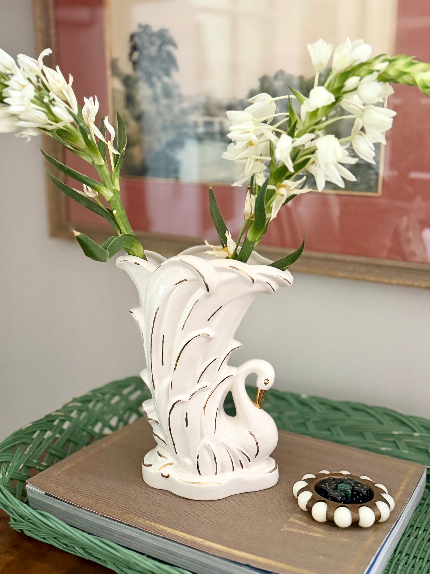 ceramic swan vase with gold gilt details
