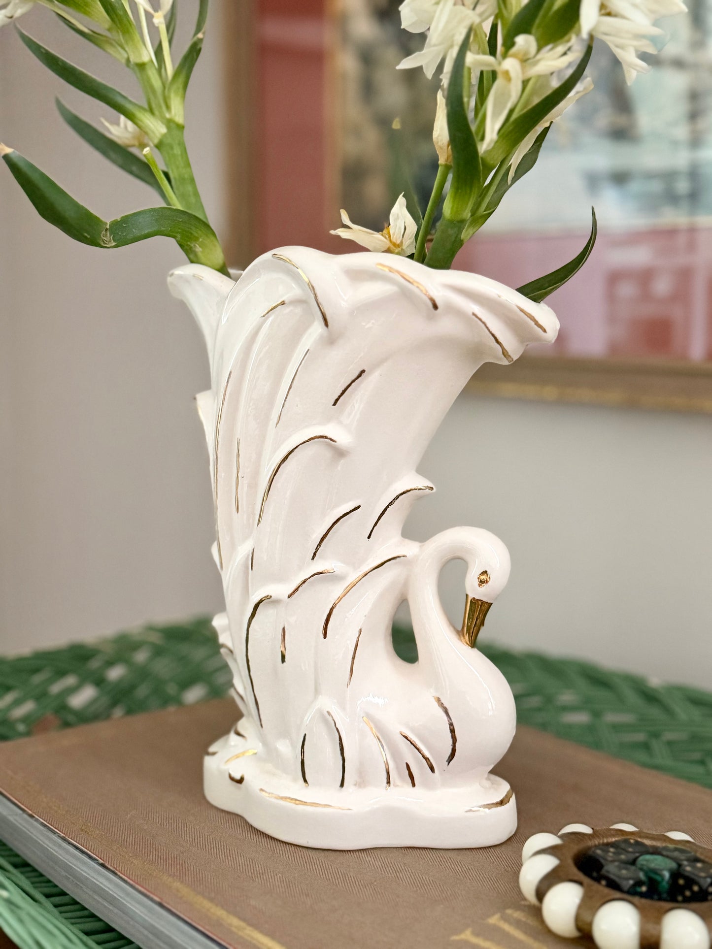 ceramic swan vase with gold gilt details