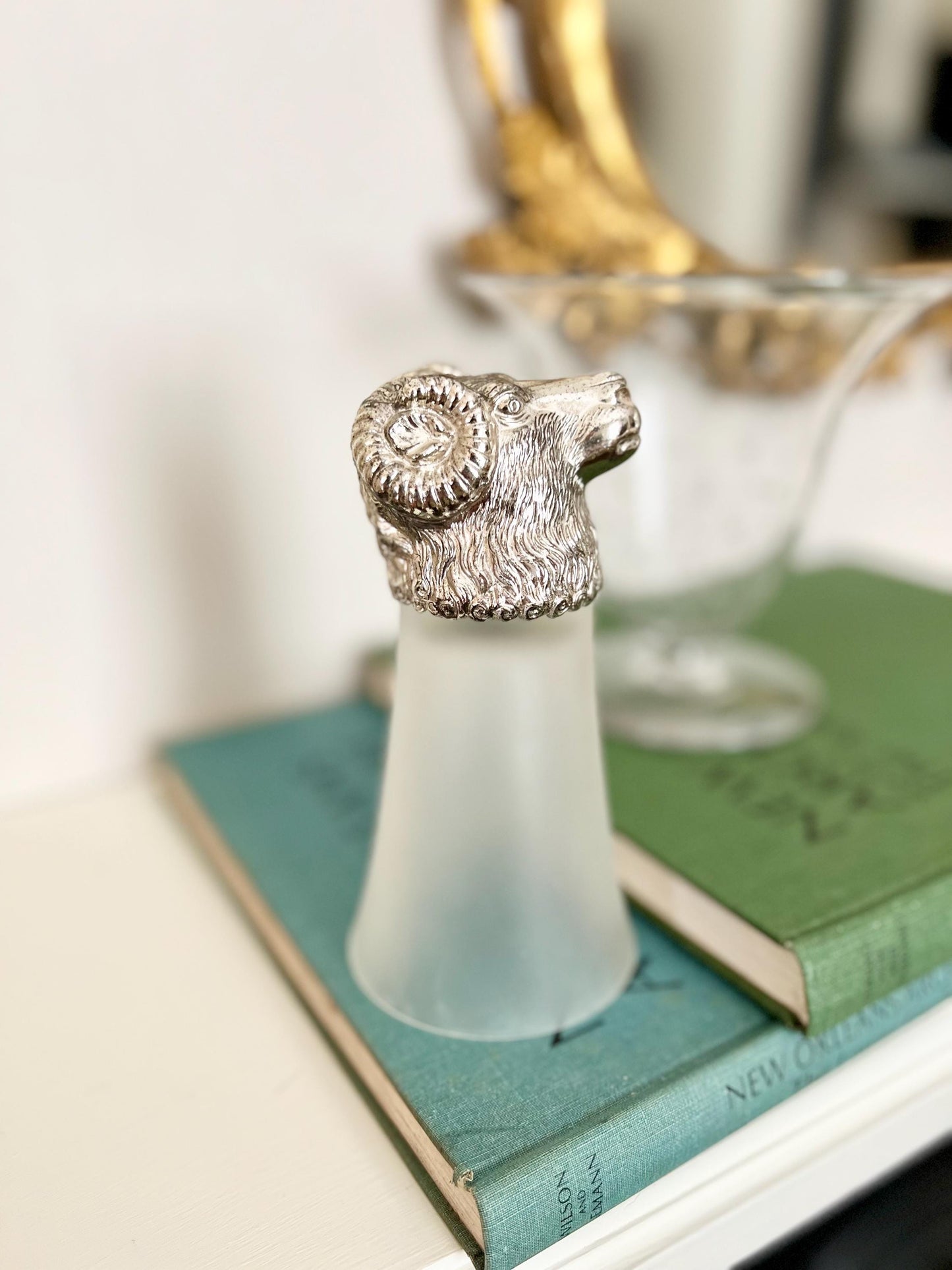 silver plate ram’s head stirrup cup with frosted glass