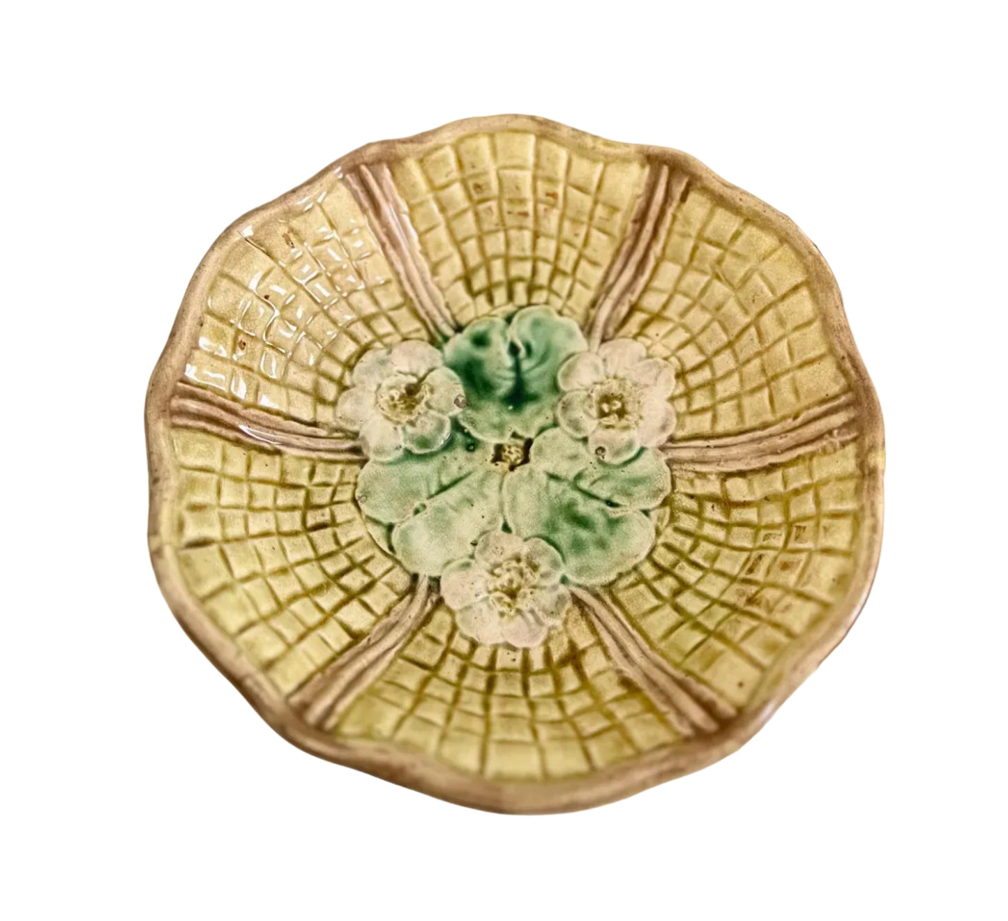 majolica lily pad footed bowl
