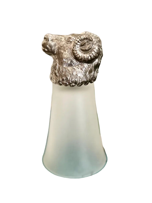 silver plate ram’s head stirrup cup with frosted glass