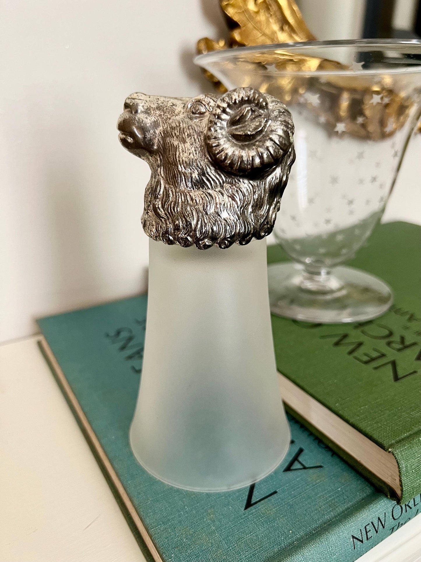 silver plate ram’s head stirrup cup with frosted glass
