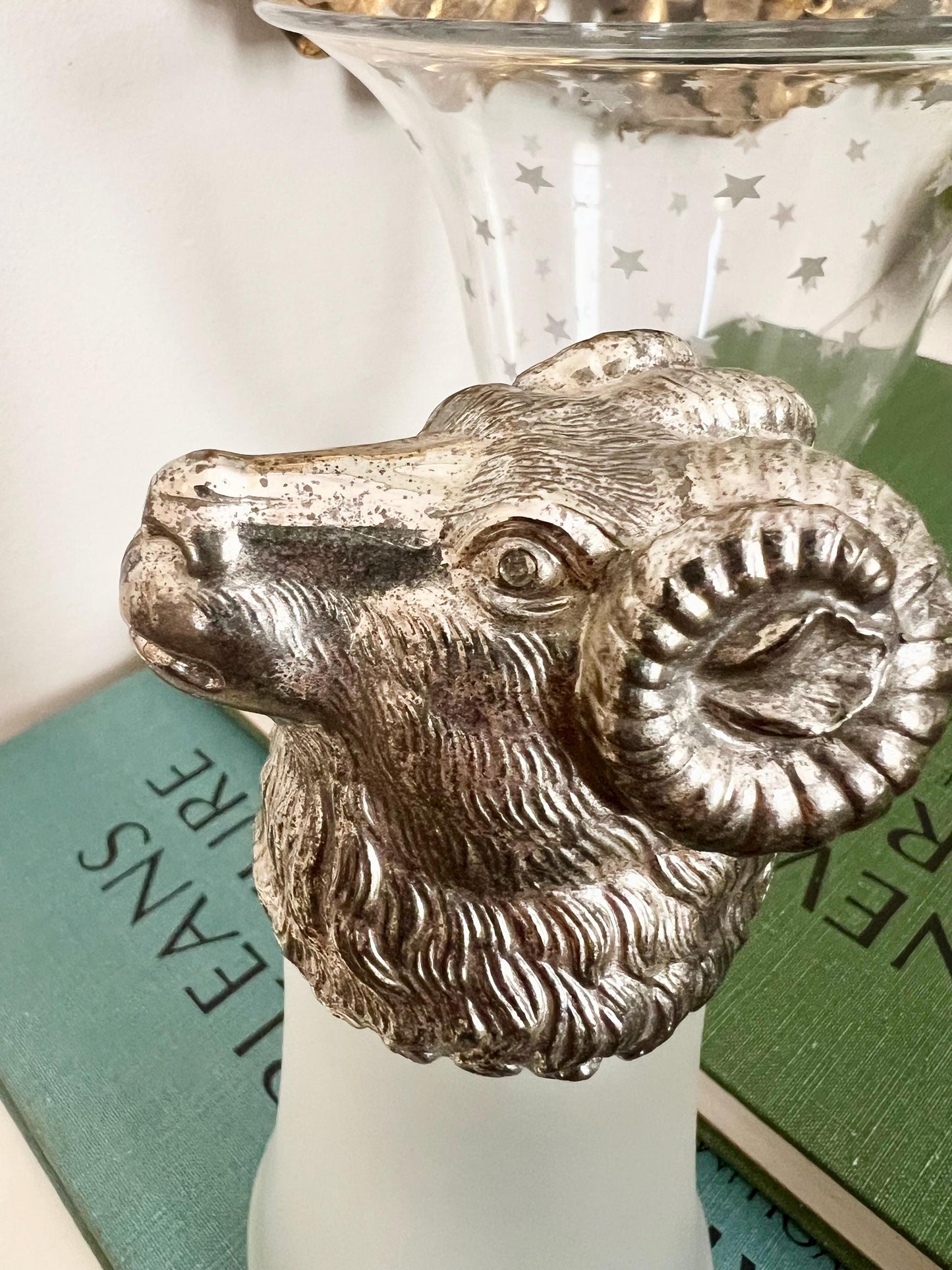 silver plate ram’s head stirrup cup with frosted glass