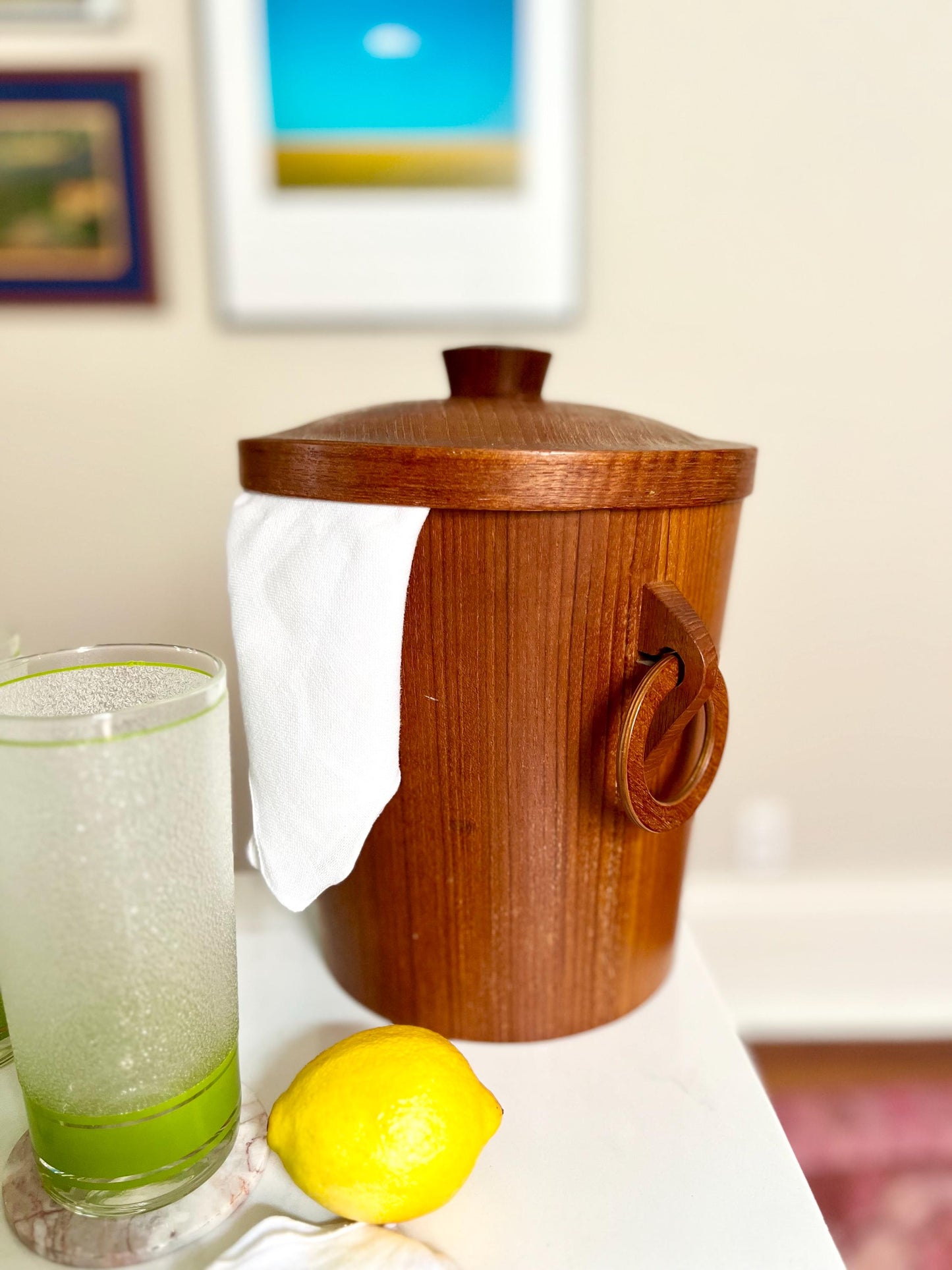 teak MCM ice bucket with ring handles