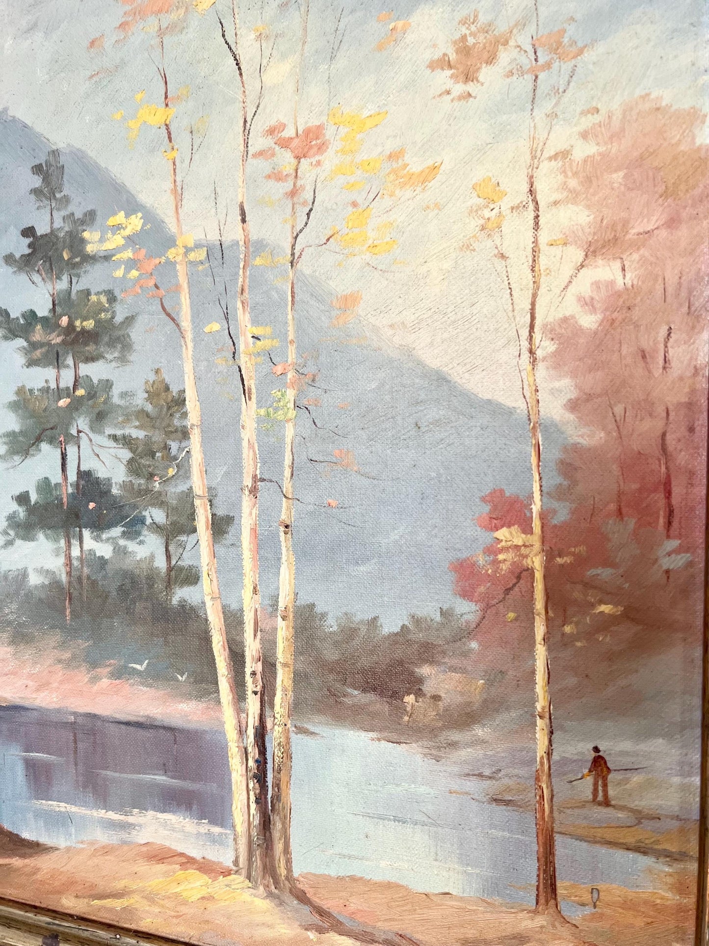 antique original oil painting of lake and fall trees signed “Elyse”