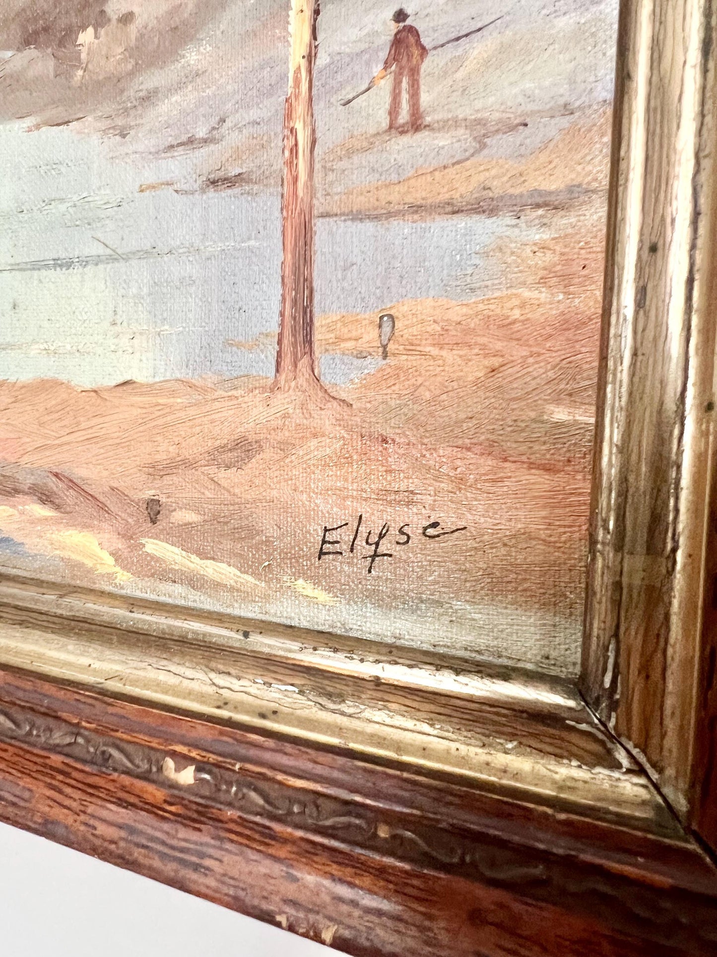 antique original oil painting of lake and fall trees signed “Elyse”