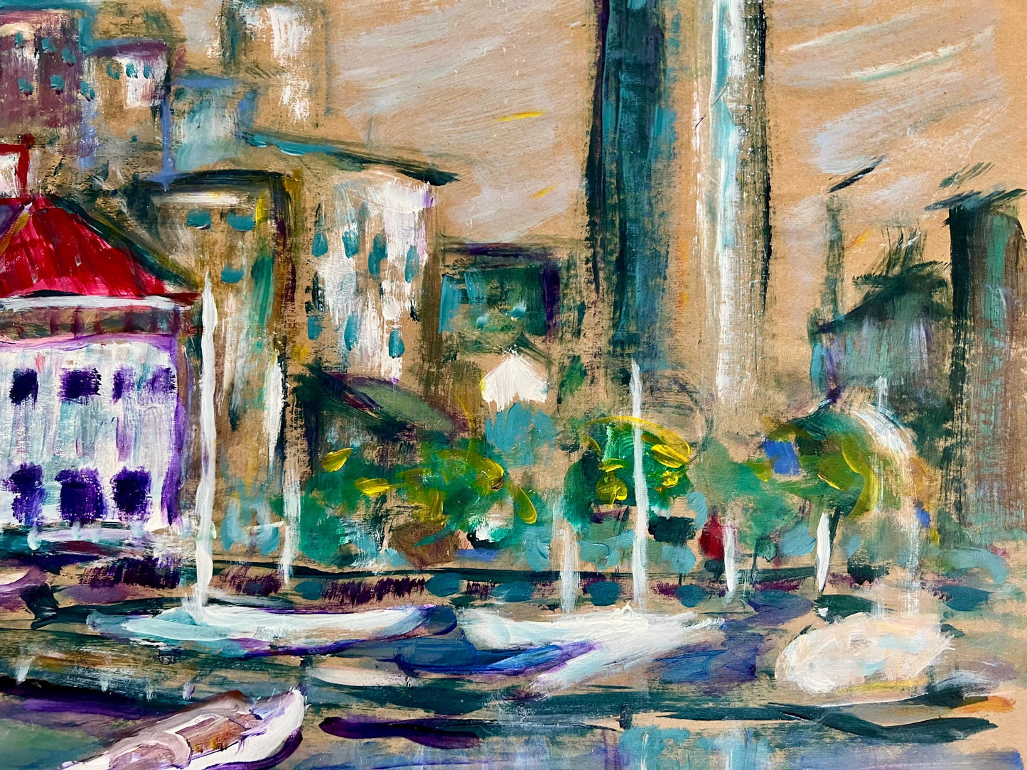 large vintage acrylic fuel dock painting on paper