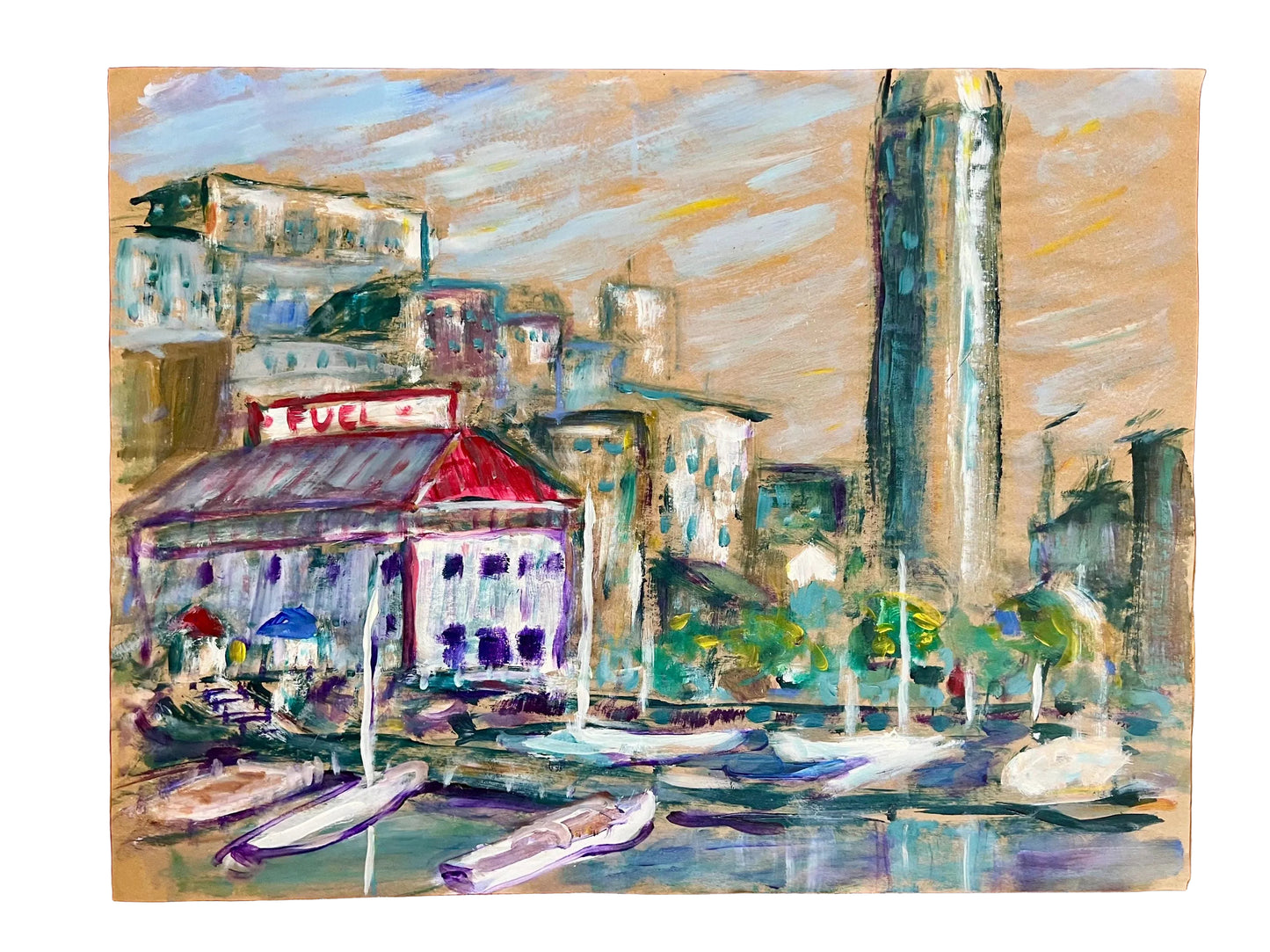 large vintage acrylic fuel dock painting on paper