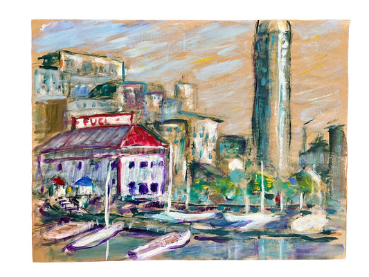large vintage acrylic fuel dock painting on paper