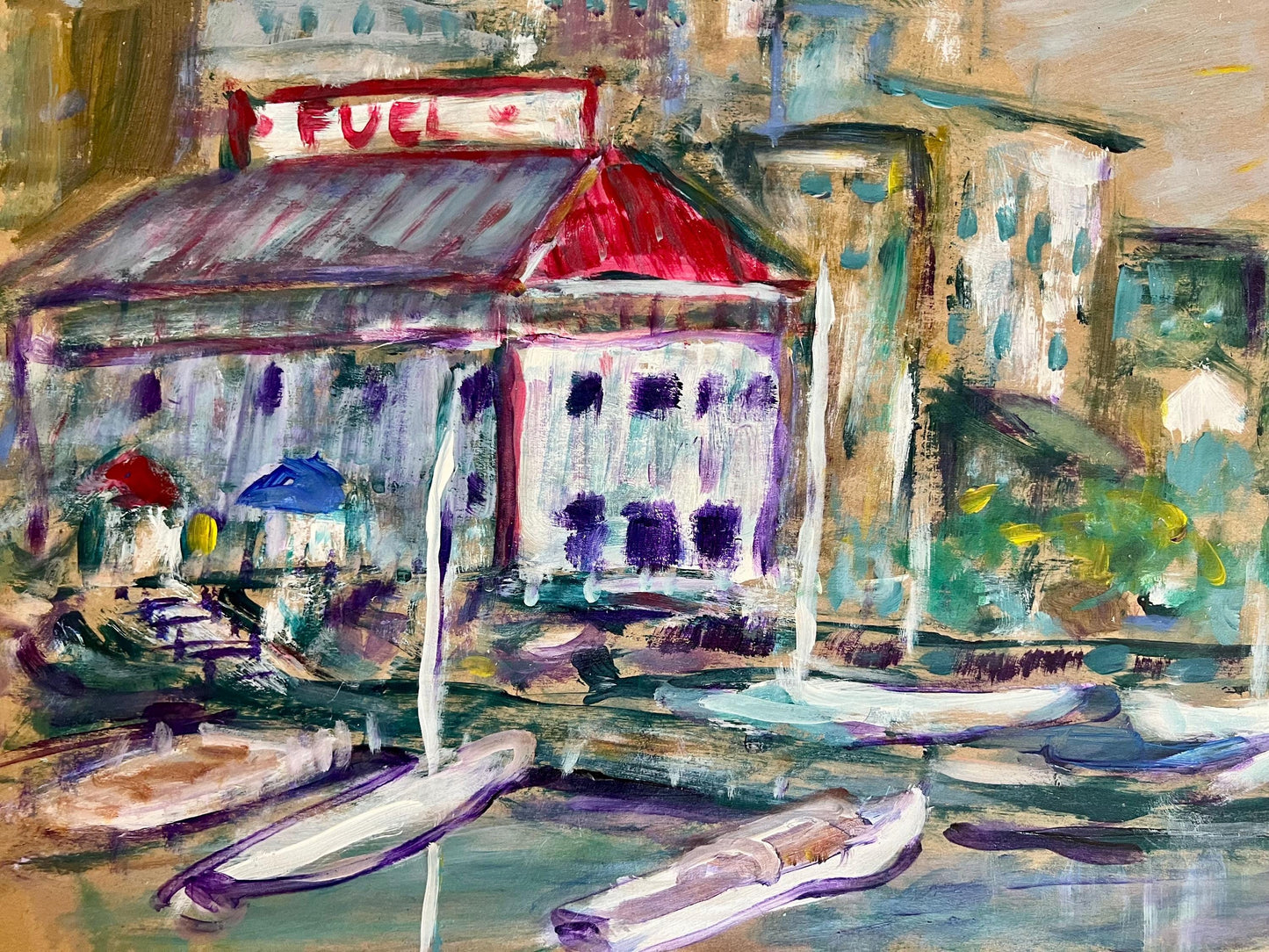 large vintage acrylic fuel dock painting on paper
