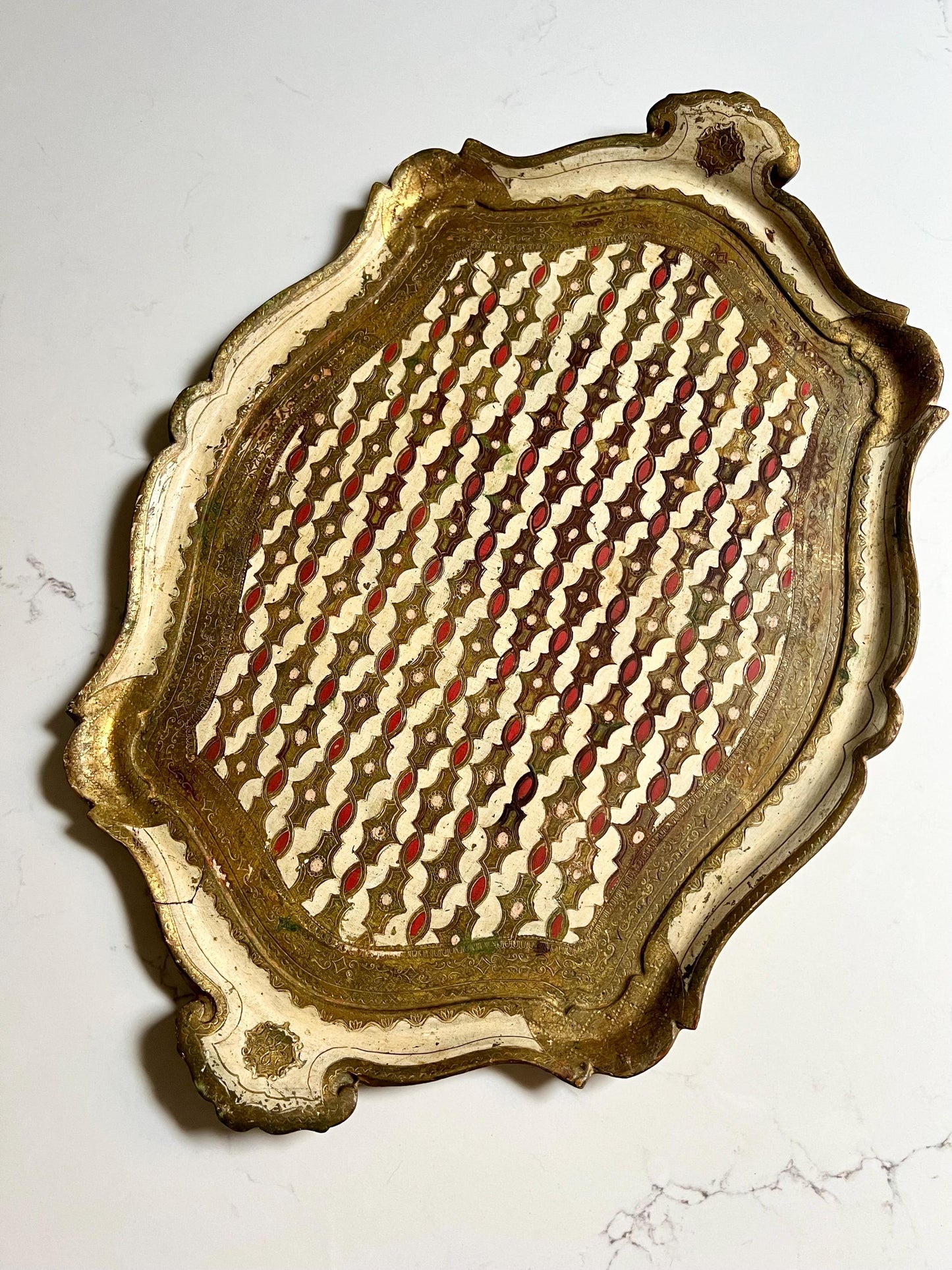 large vintage Florentine tray with pink details
