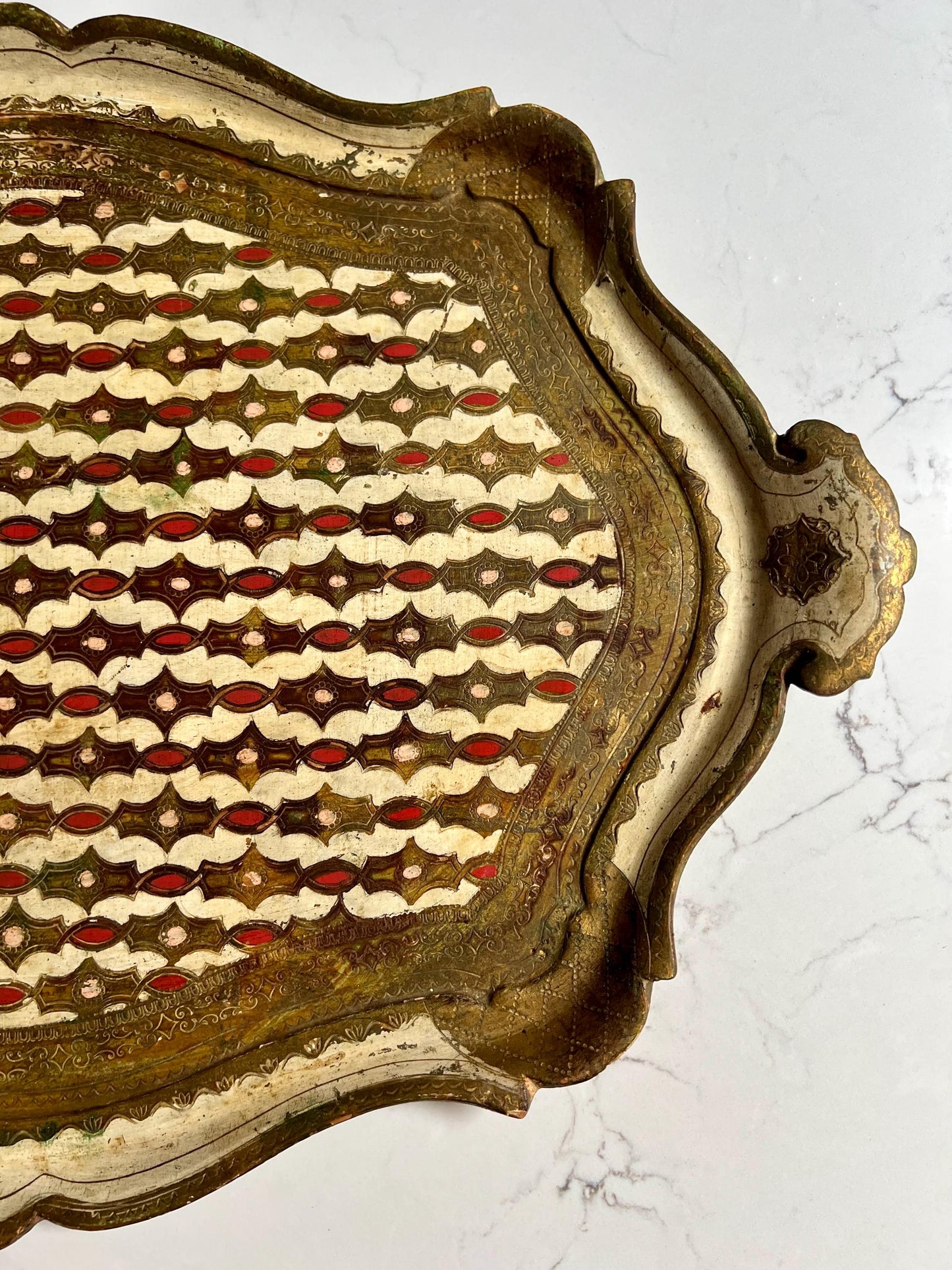 large vintage Florentine tray with pink details