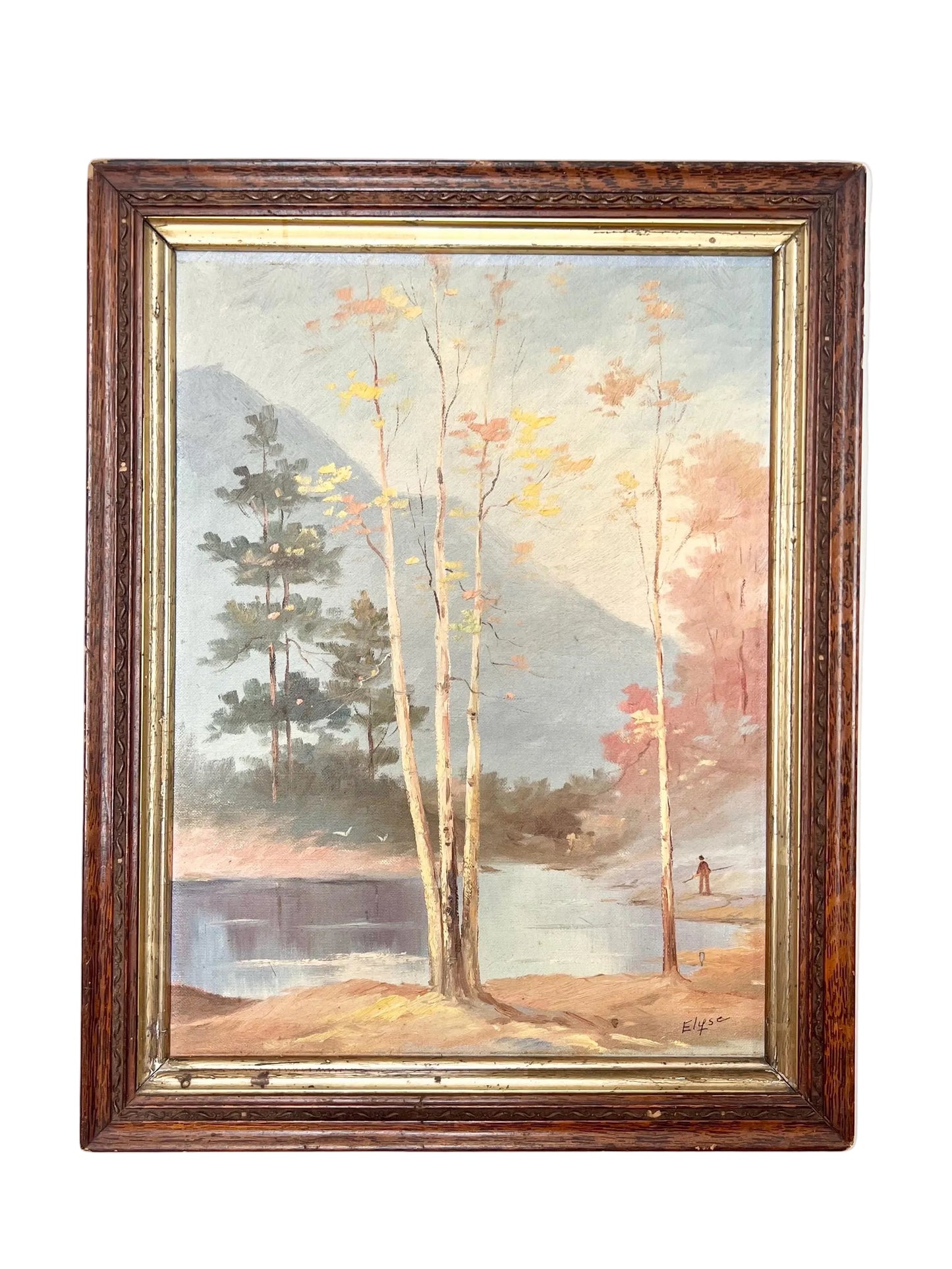 antique original oil painting of lake and fall trees signed “Elyse”