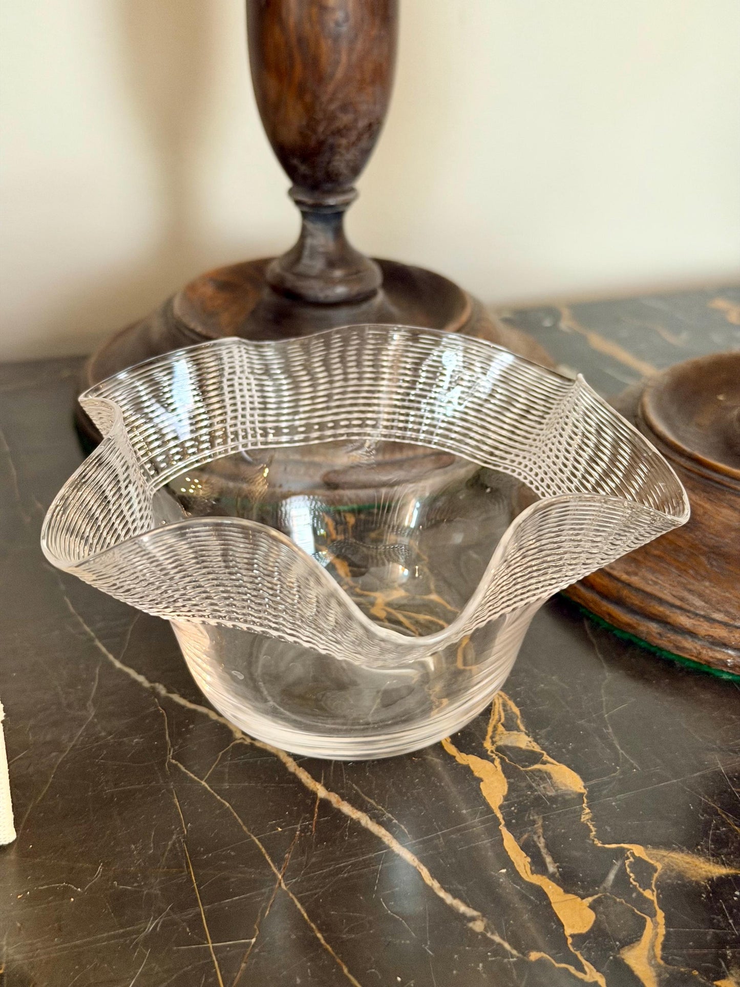 clear ruffled edge vase with striped rim