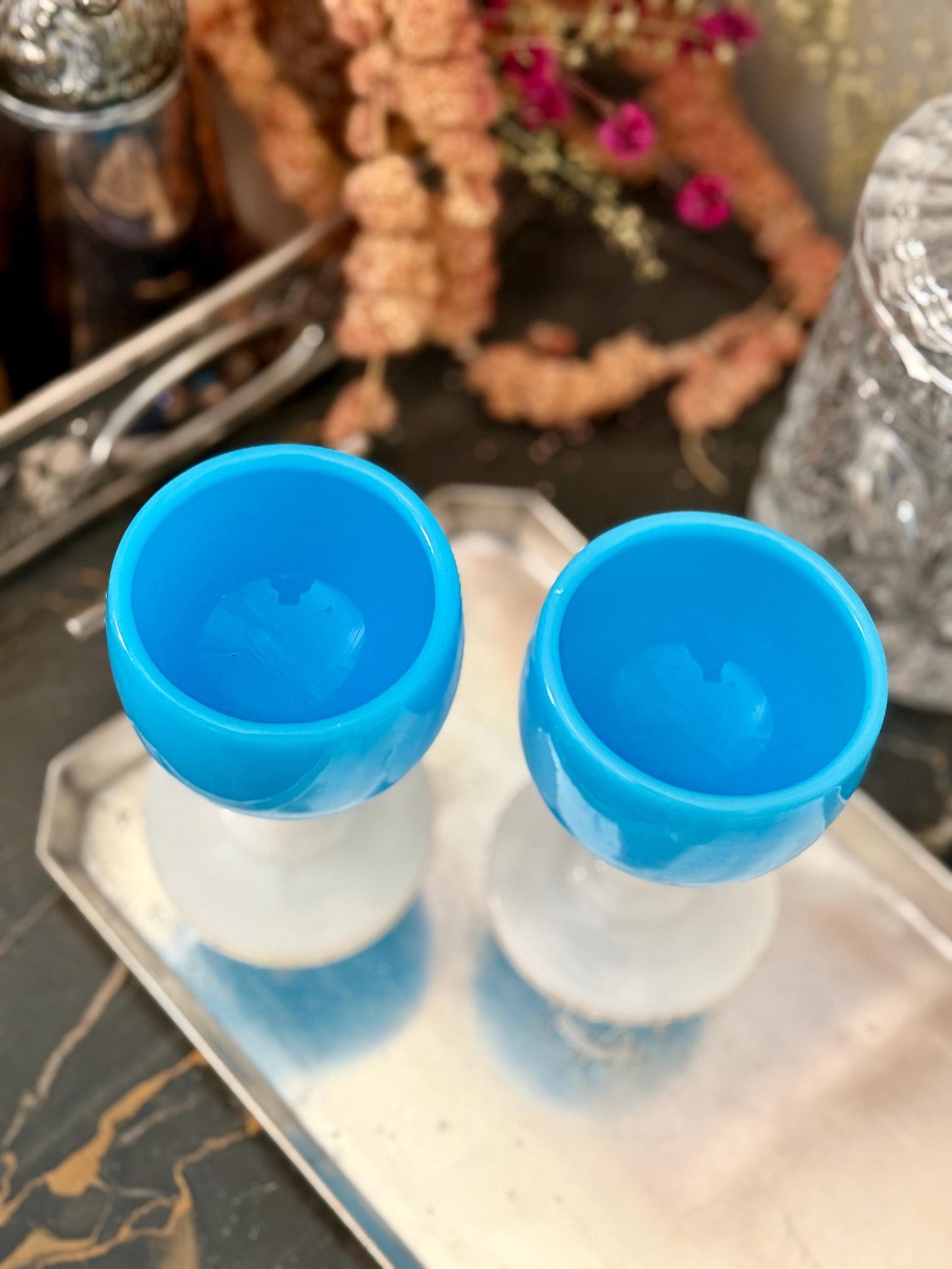 pair of turquoise and white opaline mini goblets/cordials