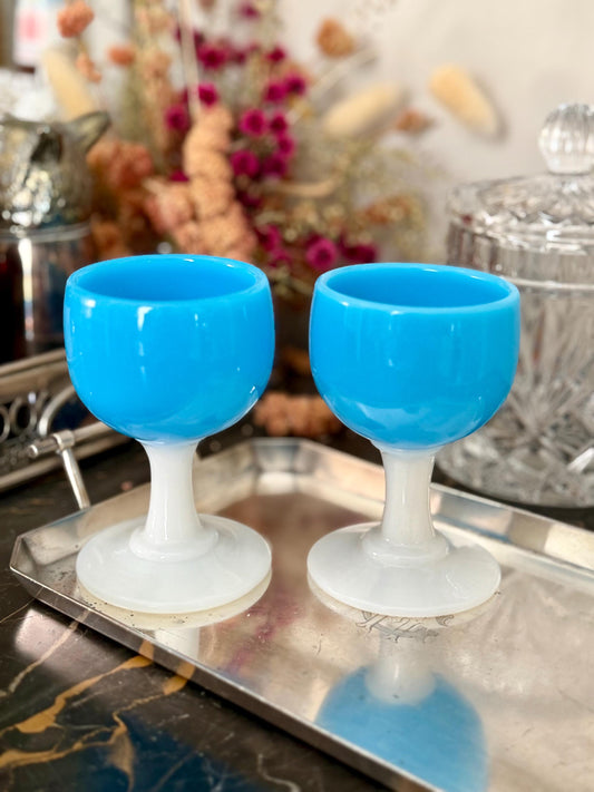 pair of turquoise and white opaline mini goblets/cordials