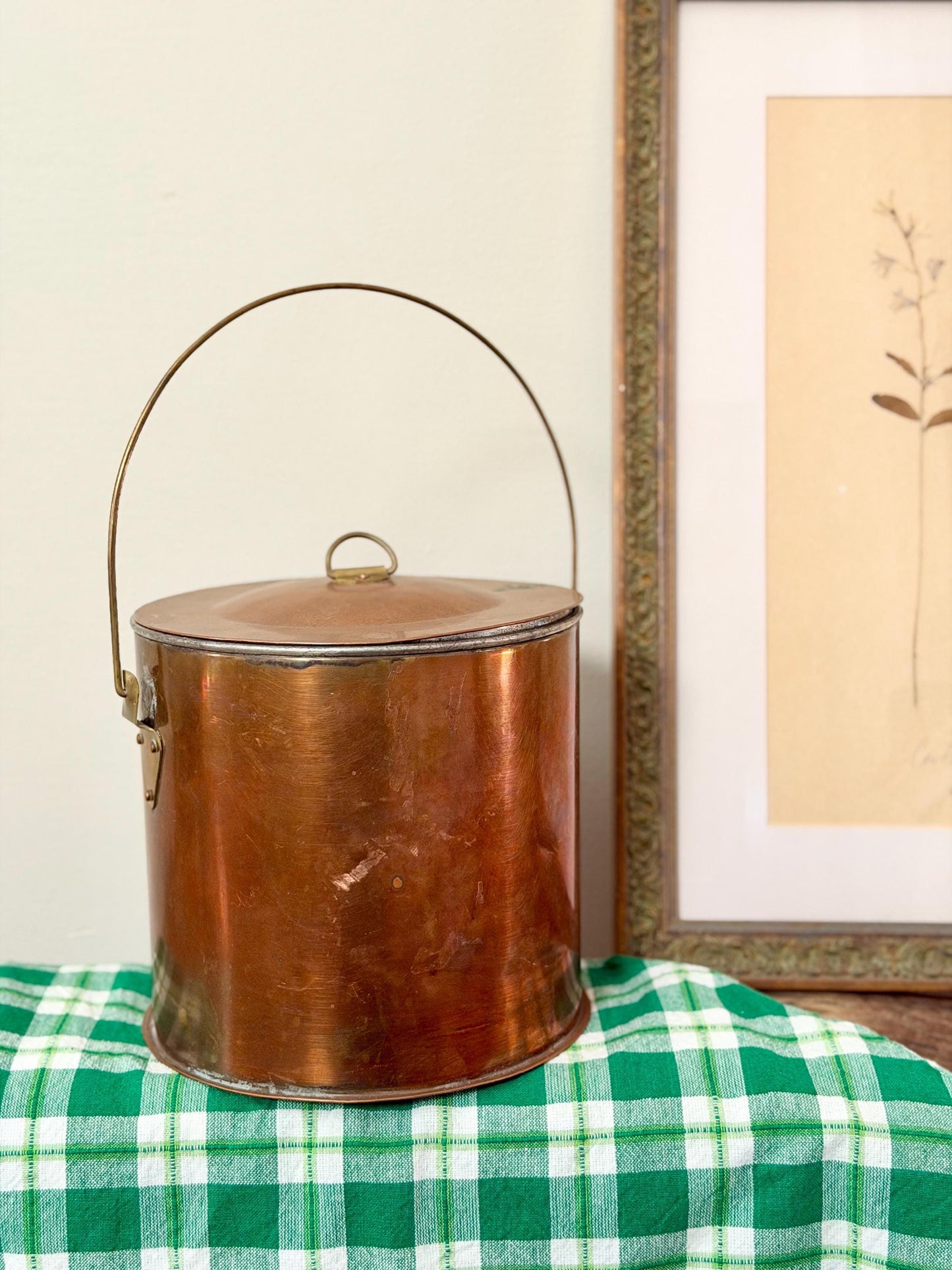copper lidded canister with thin handle
