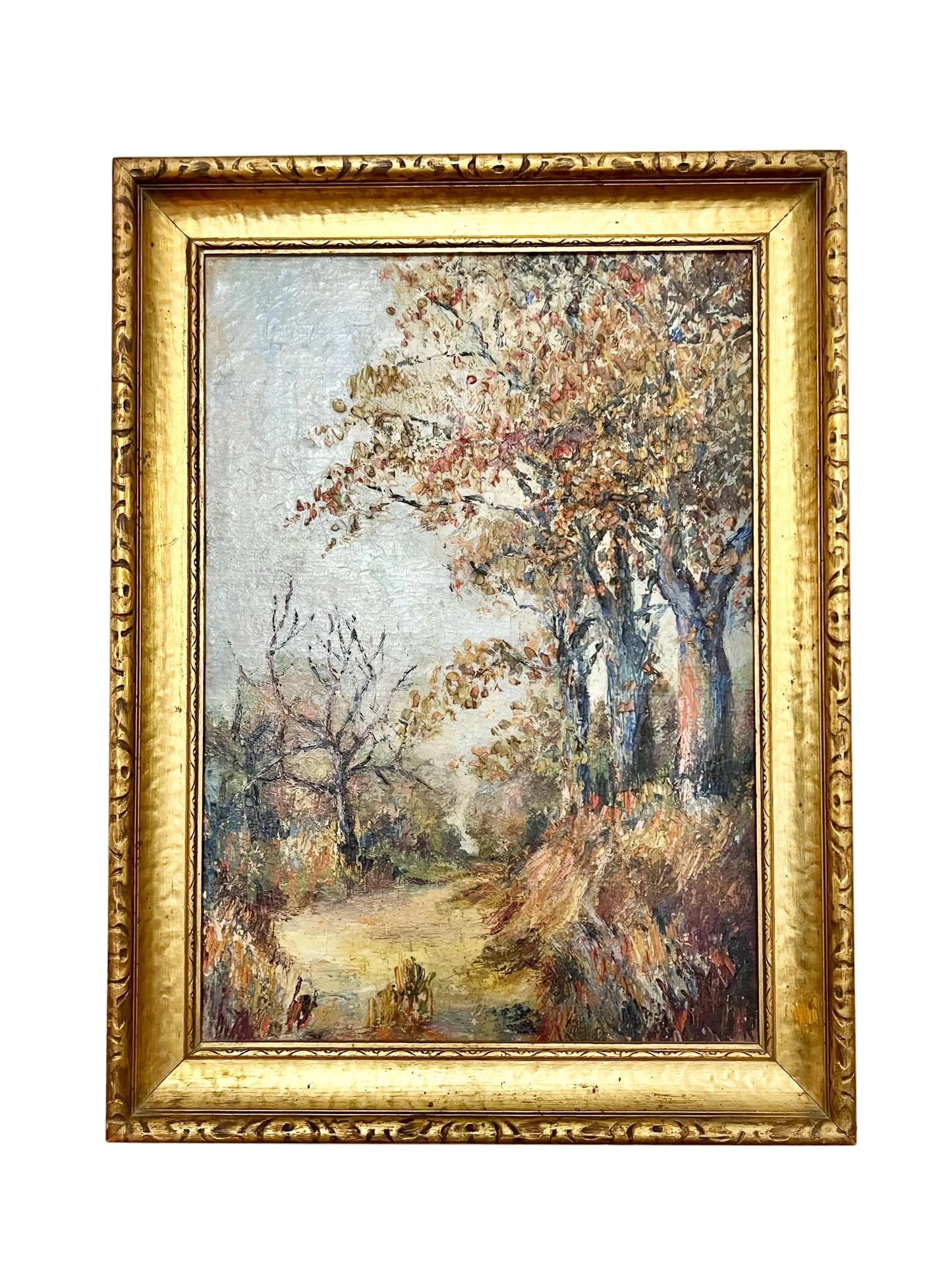 oil painting of fall trees in gold gilt frame