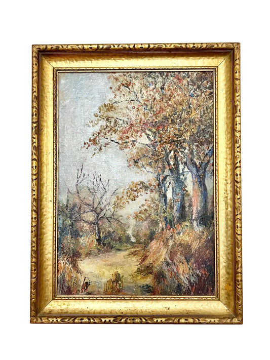 oil painting of fall trees in gold gilt frame