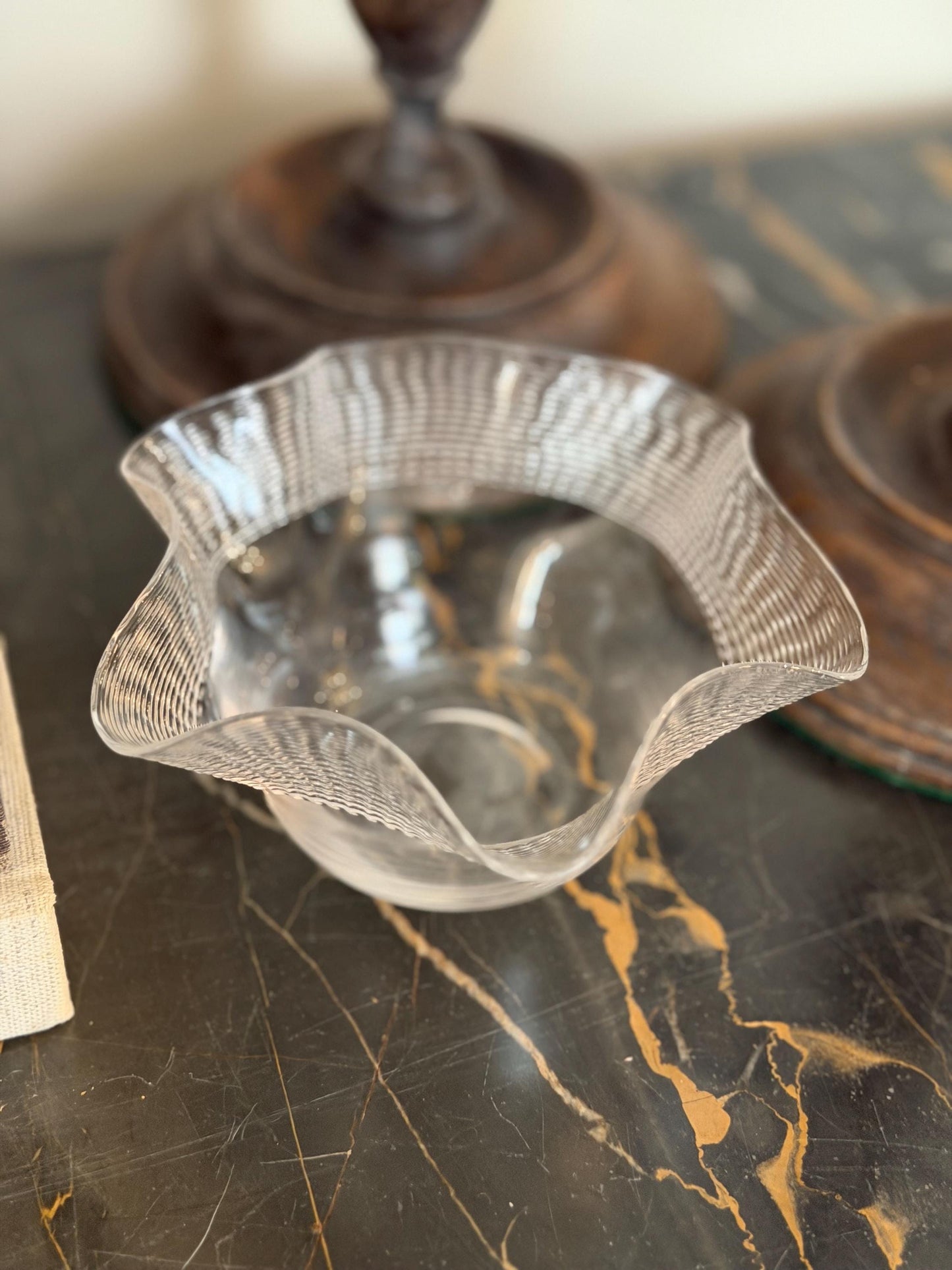 clear ruffled edge vase with striped rim