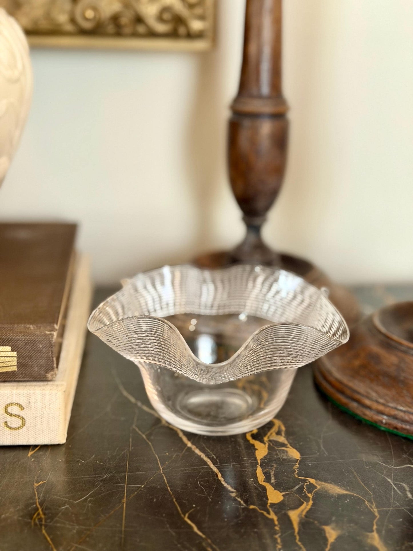 clear ruffled edge vase with striped rim