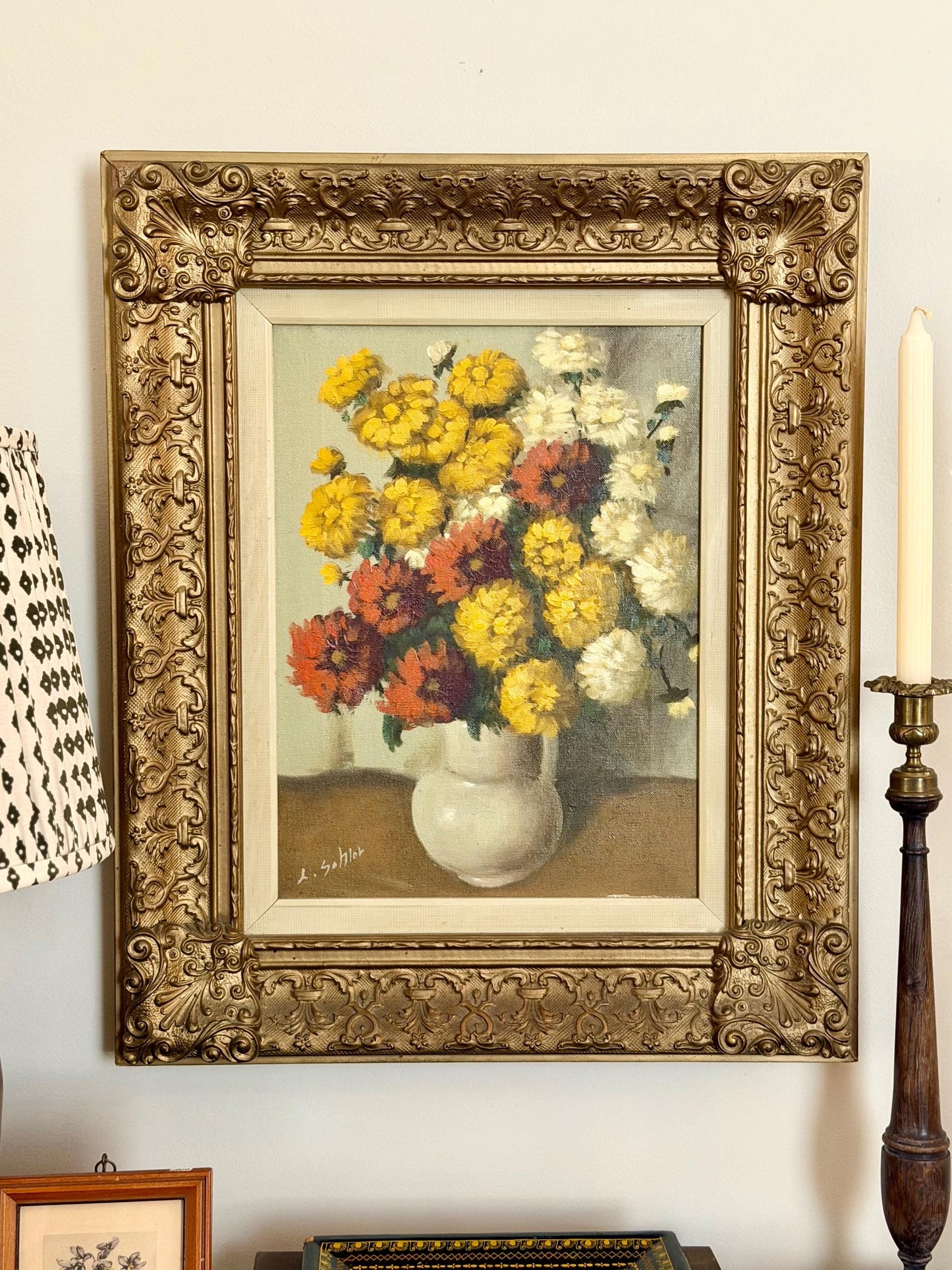 Ludwig Sohler floral painting in ornate gold gilt frame