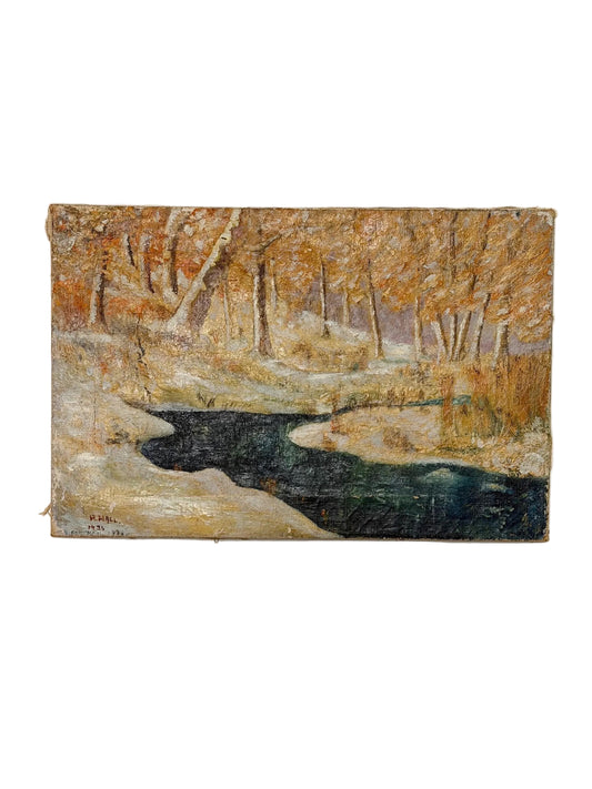 antique winter river oil painting signed H. Hall 1936