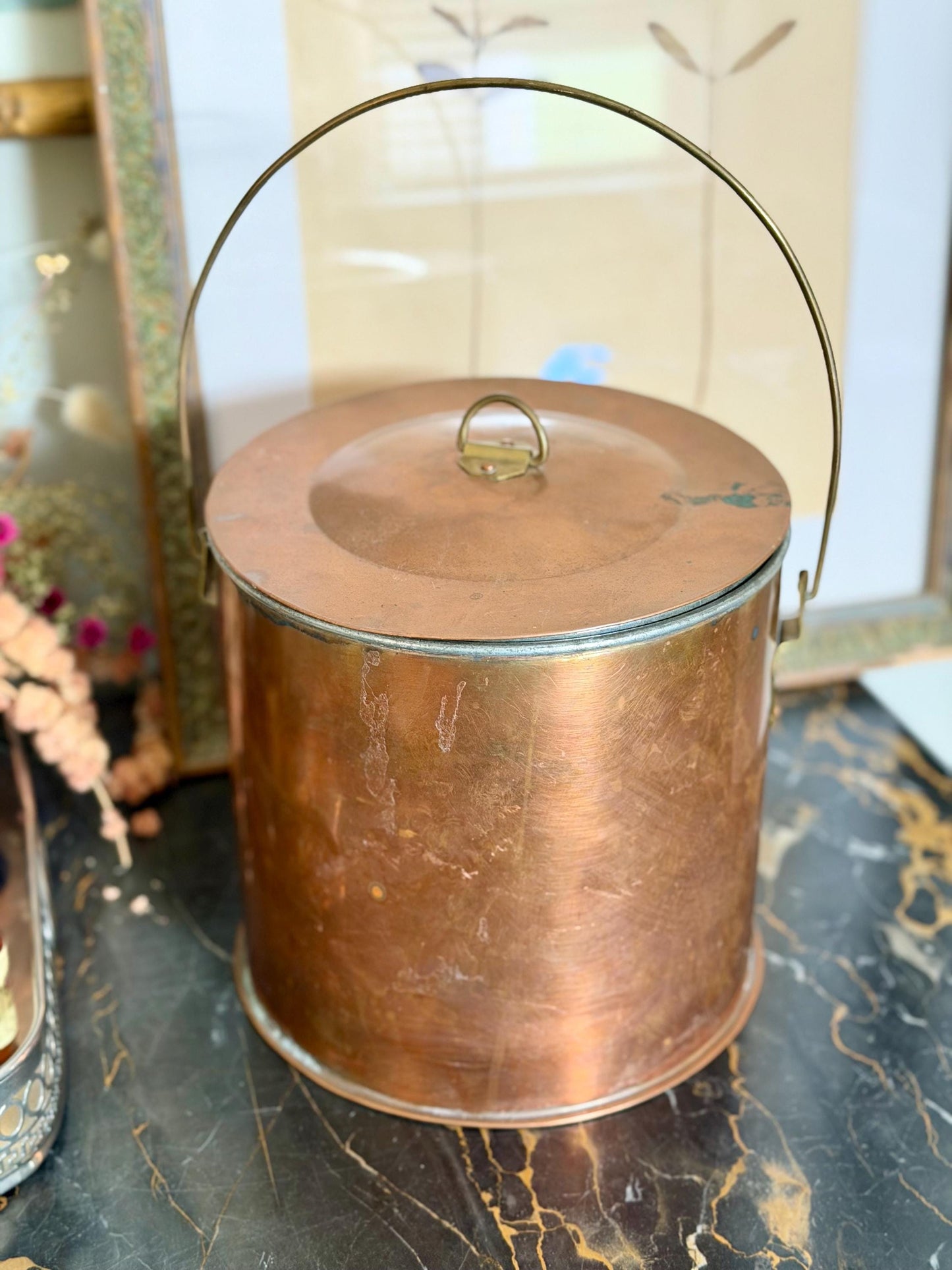 copper lidded canister with thin handle