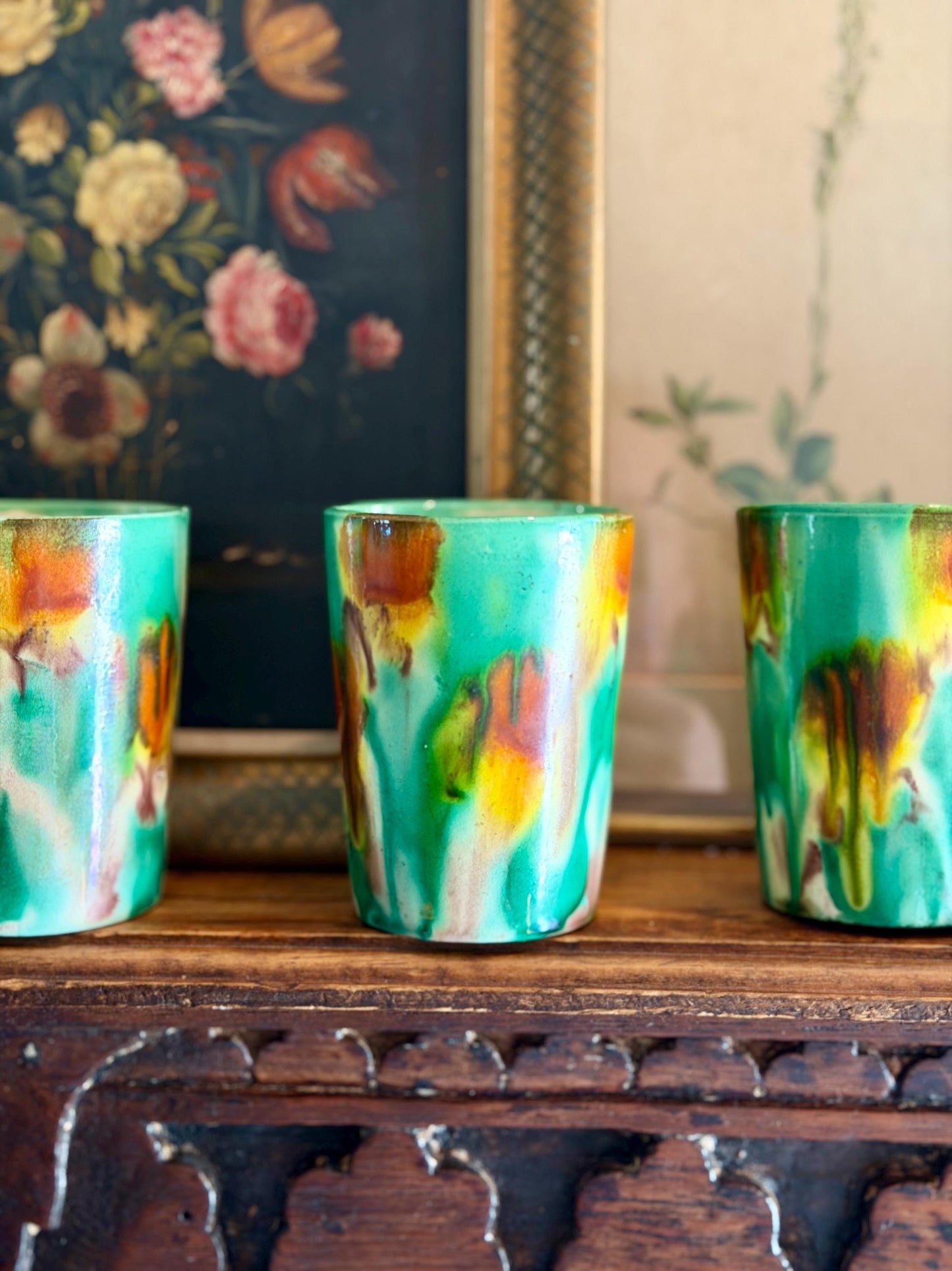 antique drip glaze ceramic tumblers, set of 6