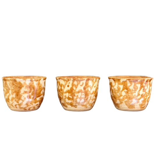 yellow / brown antique Rockingham Bennington yellow spongeware custard cups, set of 3