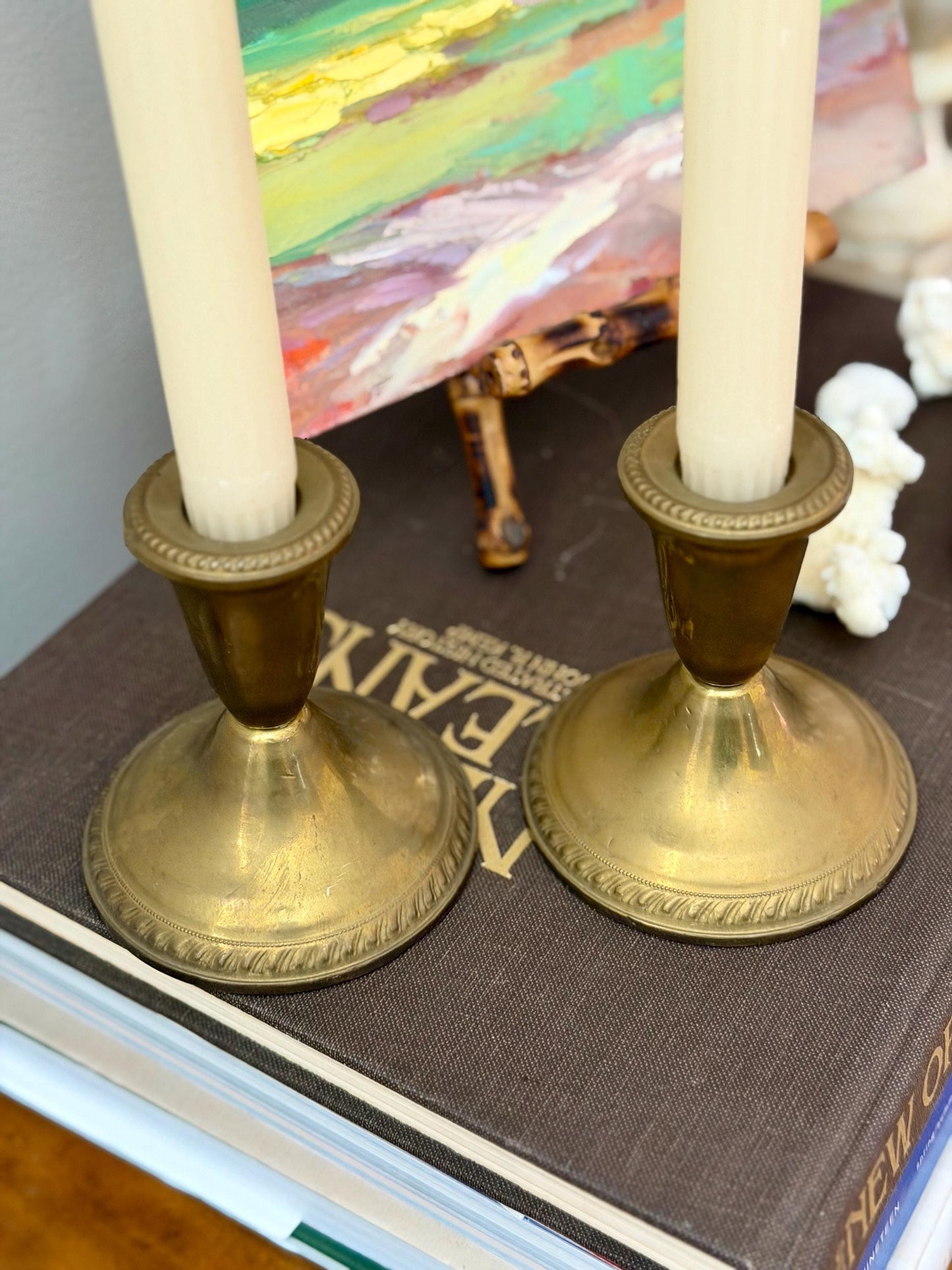 pair of short brass candlesticks