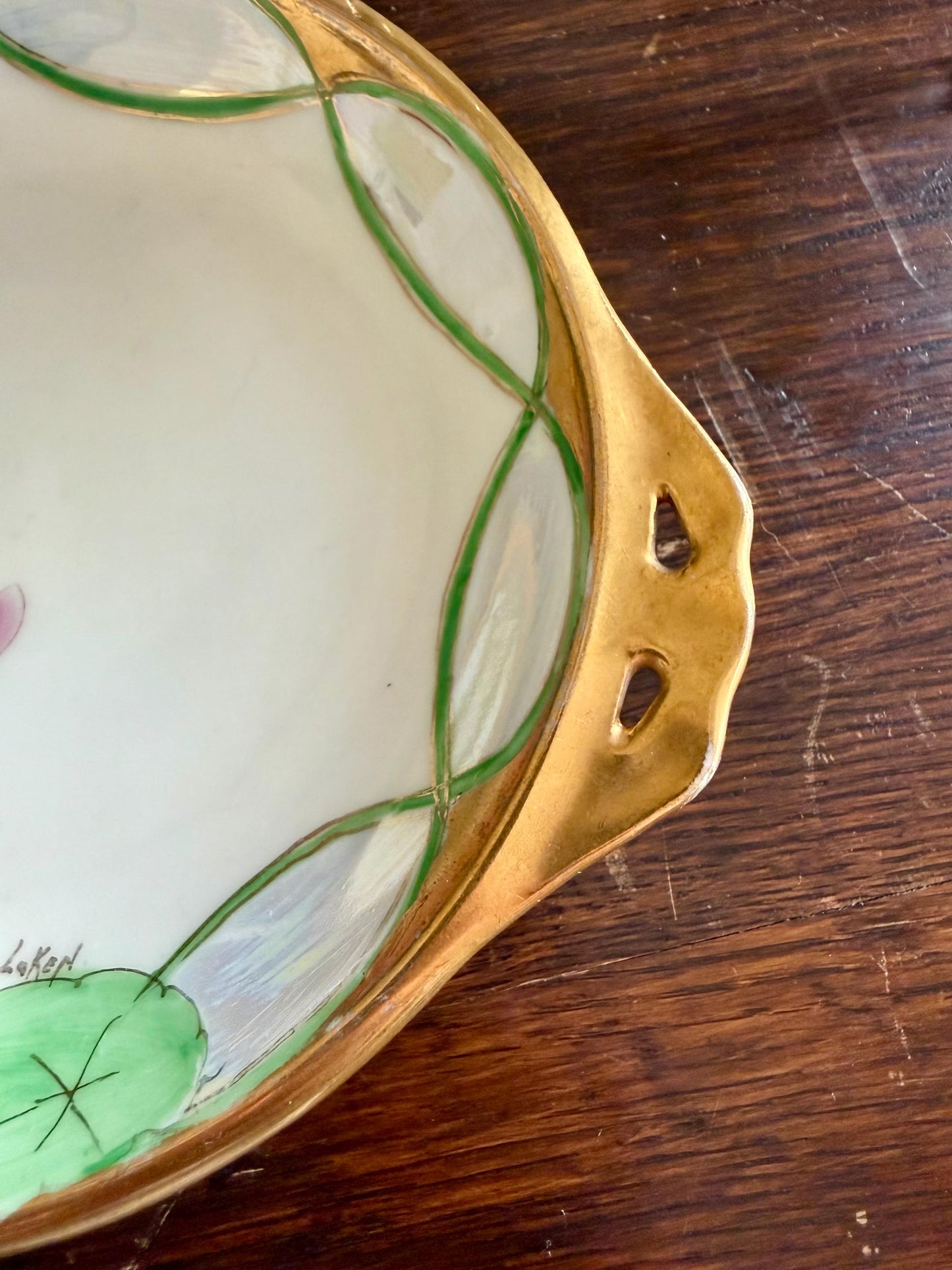 antique Silesia hand painted lotus flower lustreware plate