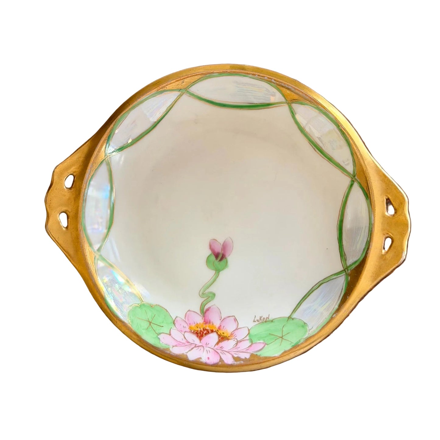 antique Silesia hand painted lotus flower lustreware plate