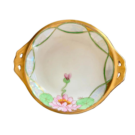 antique Silesia hand painted lotus flower lustreware plate