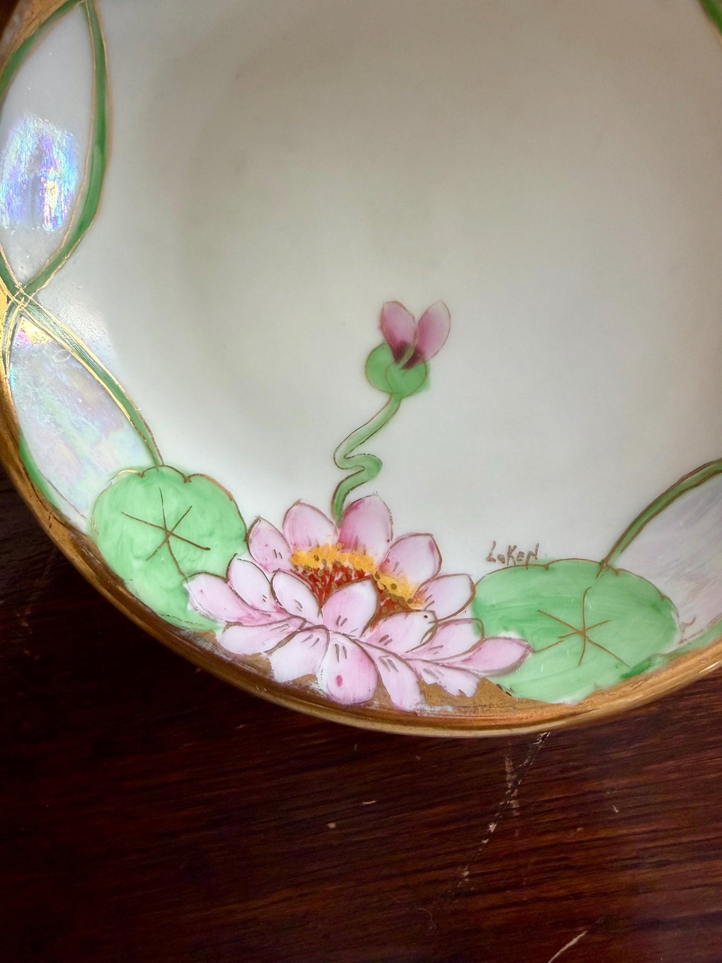 antique Silesia hand painted lotus flower lustreware plate