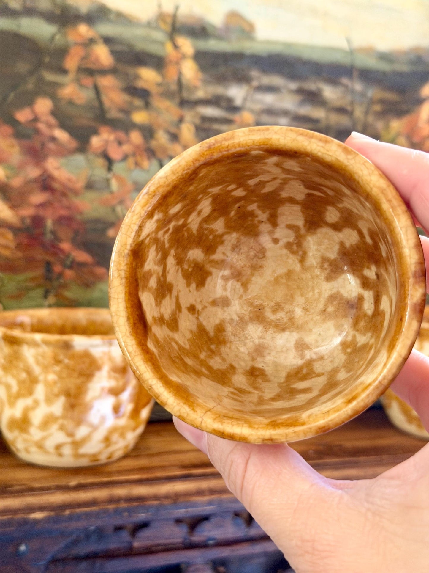 yellow / brown antique Rockingham Bennington yellow spongeware custard cups, set of 3