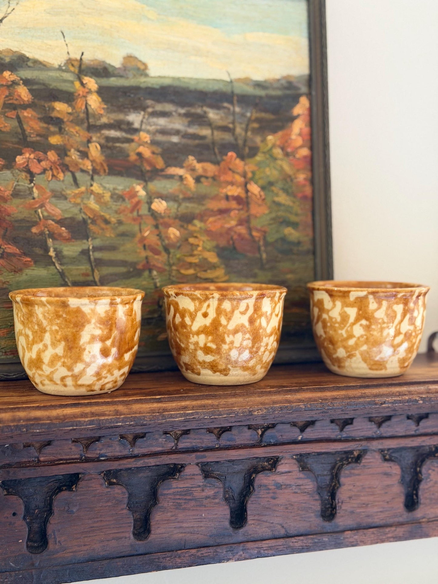yellow / brown antique Rockingham Bennington yellow spongeware custard cups, set of 3
