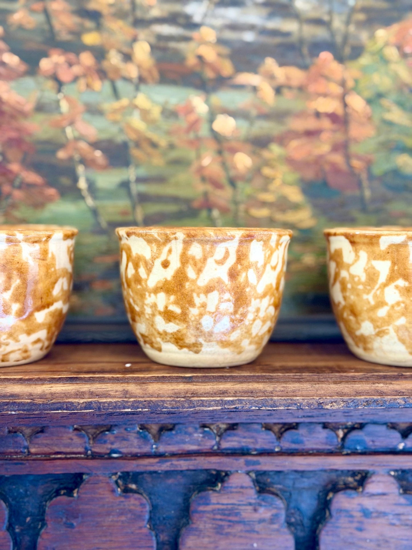 yellow / brown antique Rockingham Bennington yellow spongeware custard cups, set of 3
