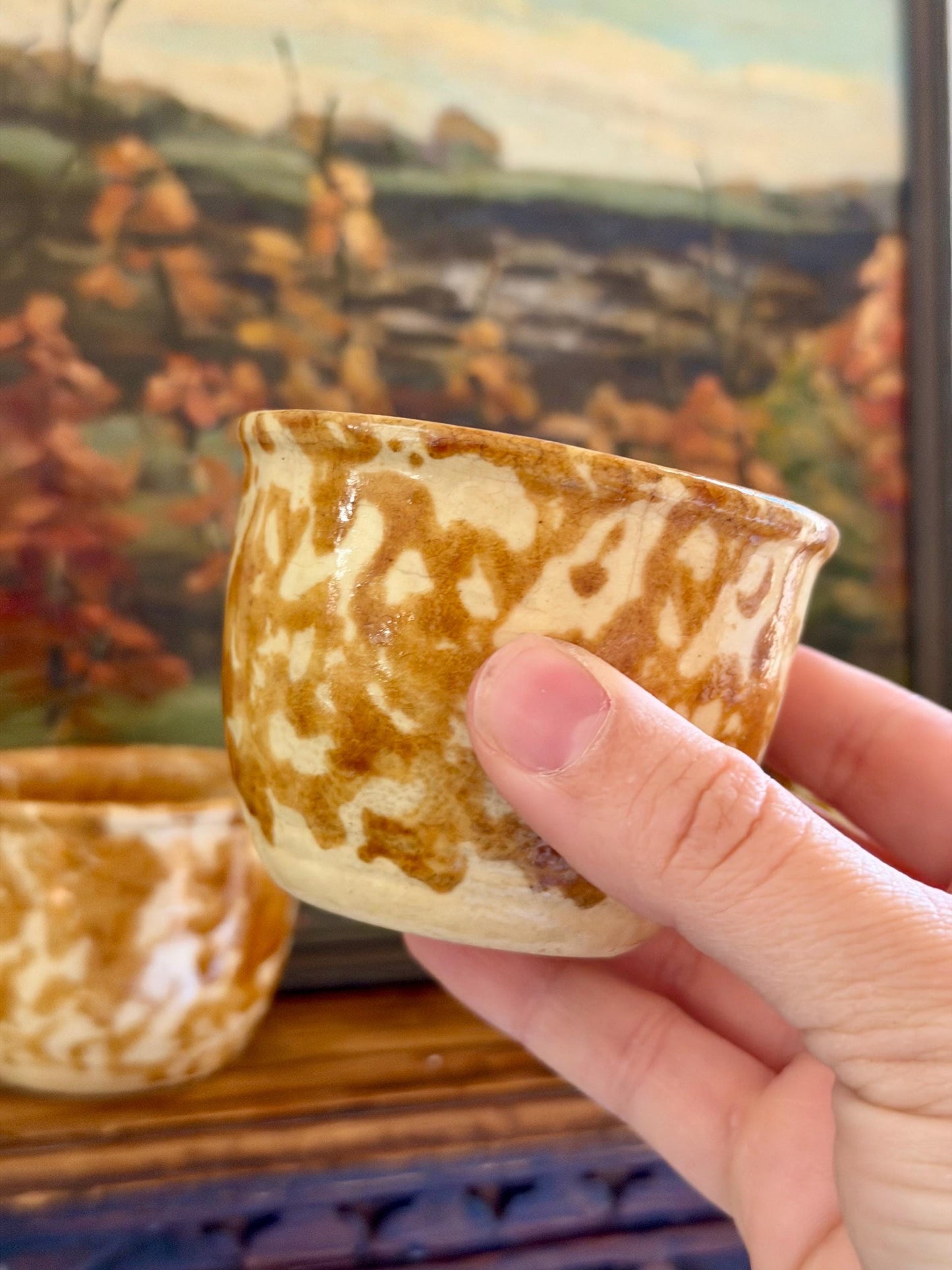 yellow / brown antique Rockingham Bennington yellow spongeware custard cups, set of 3