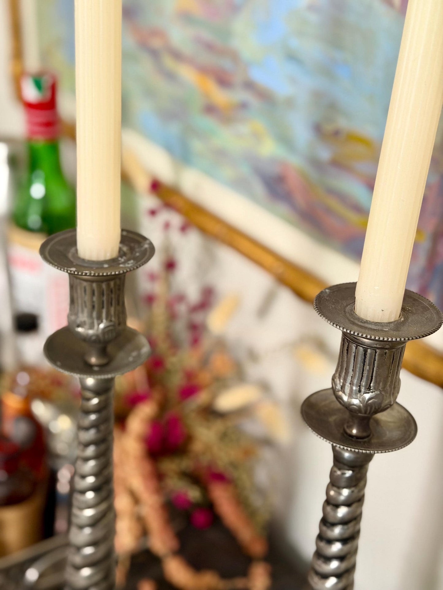 pair of silver plate ornate twisted candlesticks