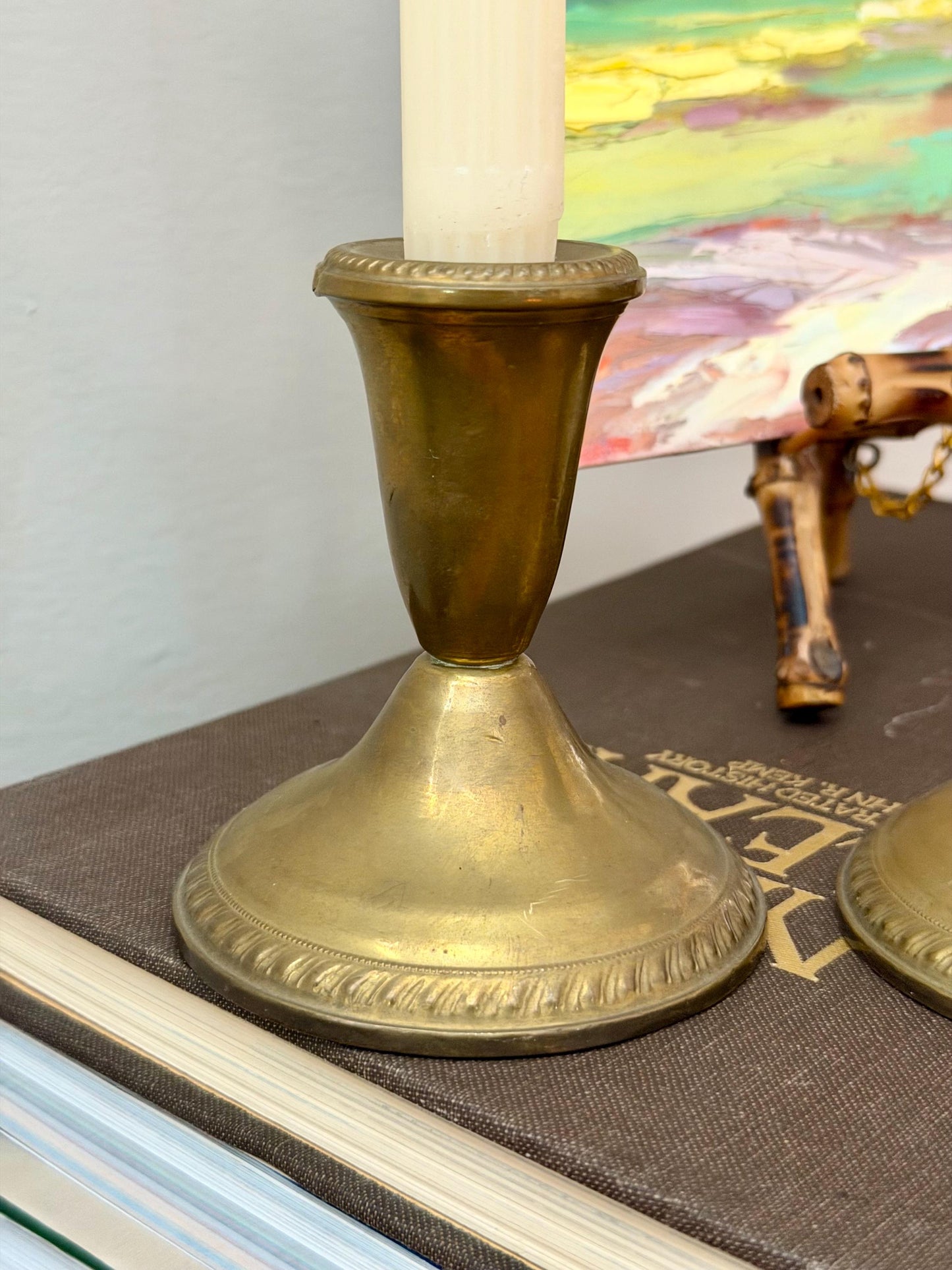 pair of short brass candlesticks