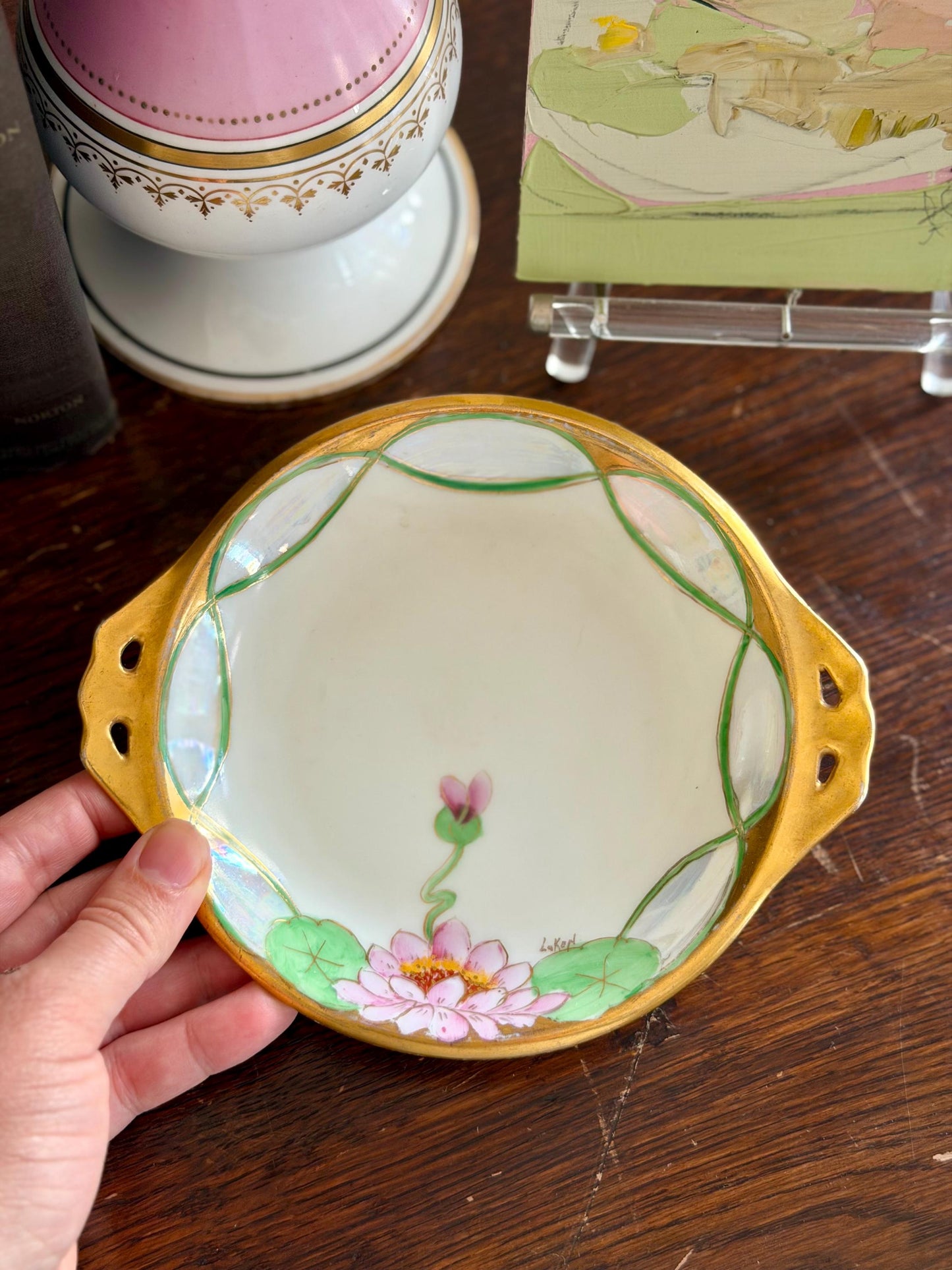 antique Silesia hand painted lotus flower lustreware plate