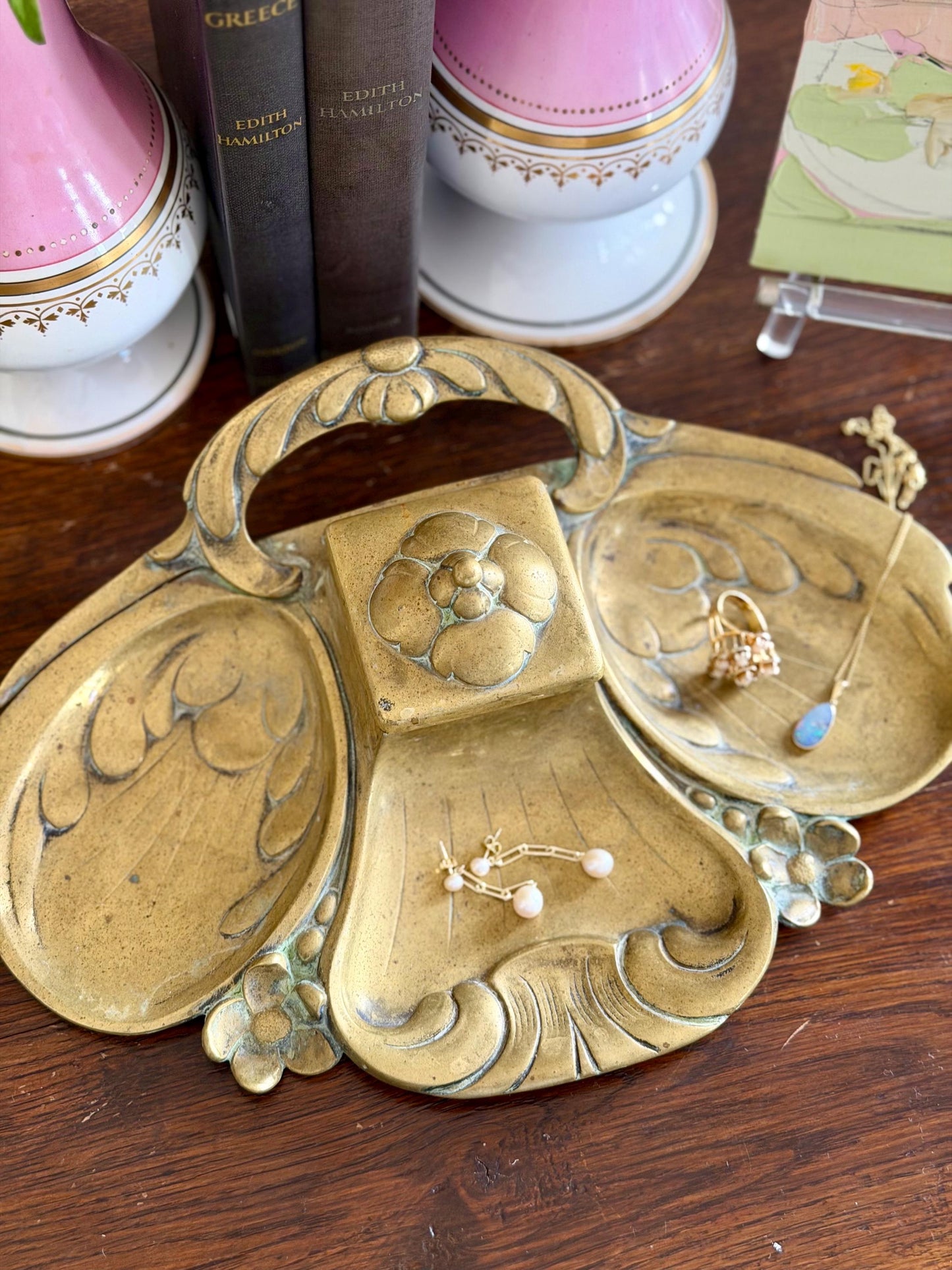 antique solid brass art nouveau inkwell / vanity tray