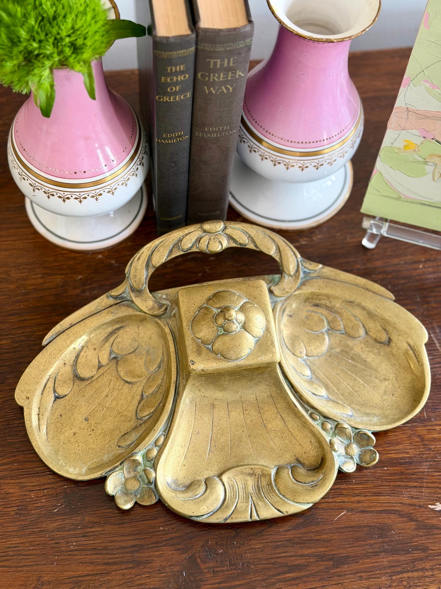 antique solid brass art nouveau inkwell / vanity tray