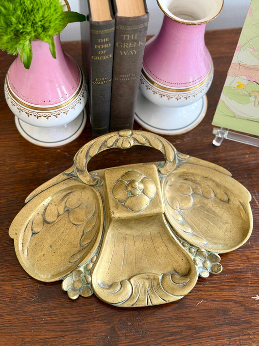 antique solid brass art nouveau inkwell / vanity tray