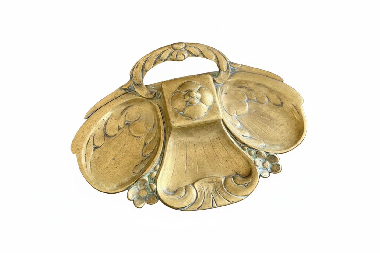 antique solid brass art nouveau inkwell / vanity tray