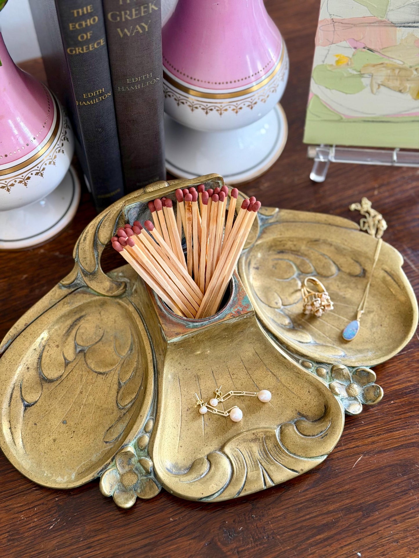 antique solid brass art nouveau inkwell / vanity tray