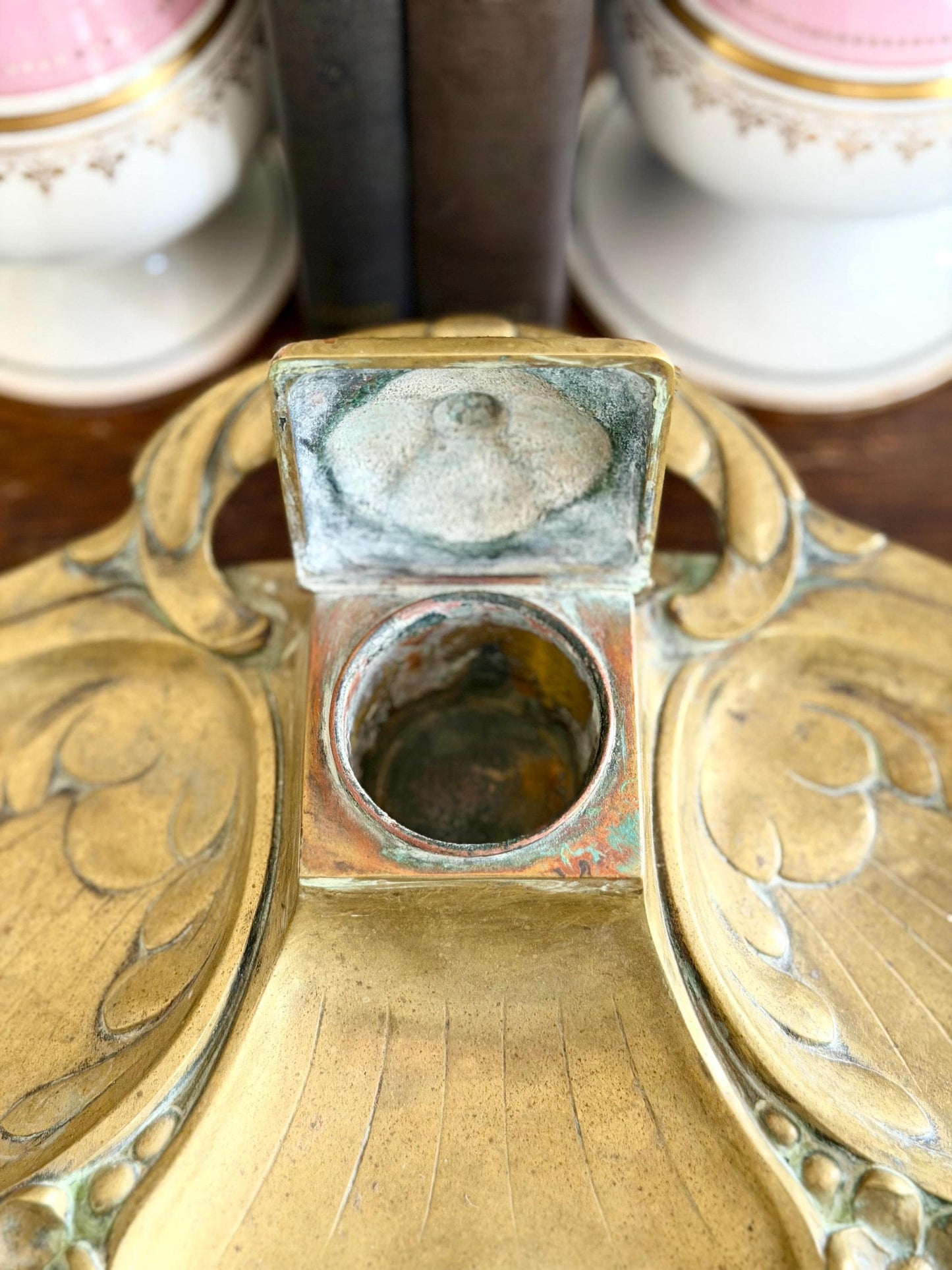 antique solid brass art nouveau inkwell / vanity tray