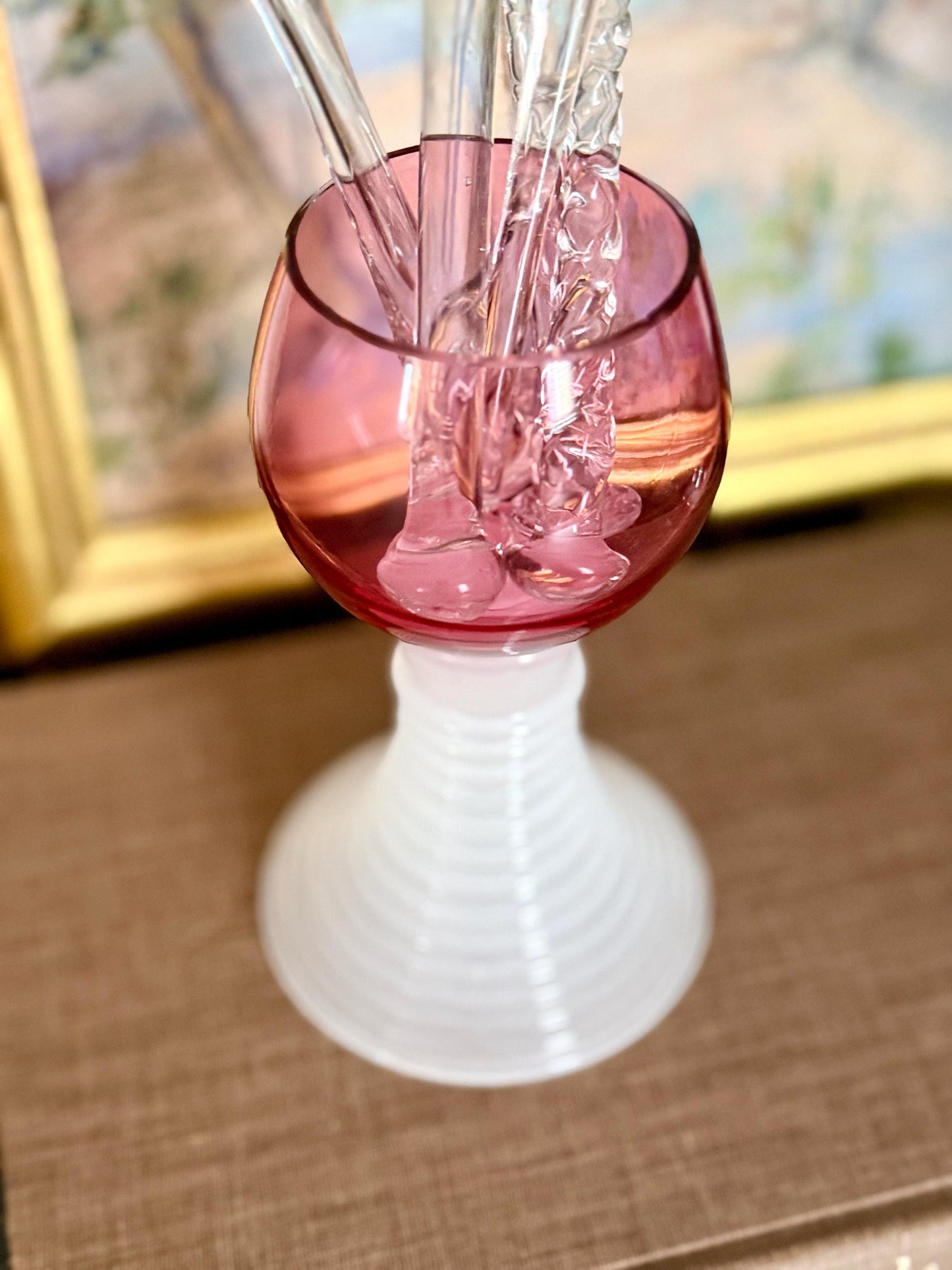 Roemer German cranberry and opaline glass with ribbed stem