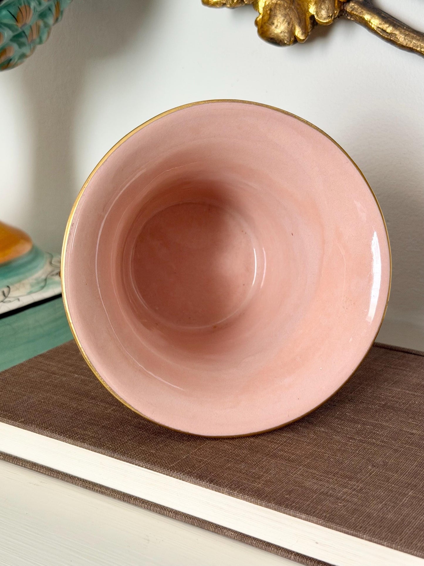 Empire Herend-style pink footed vase on base with gold band